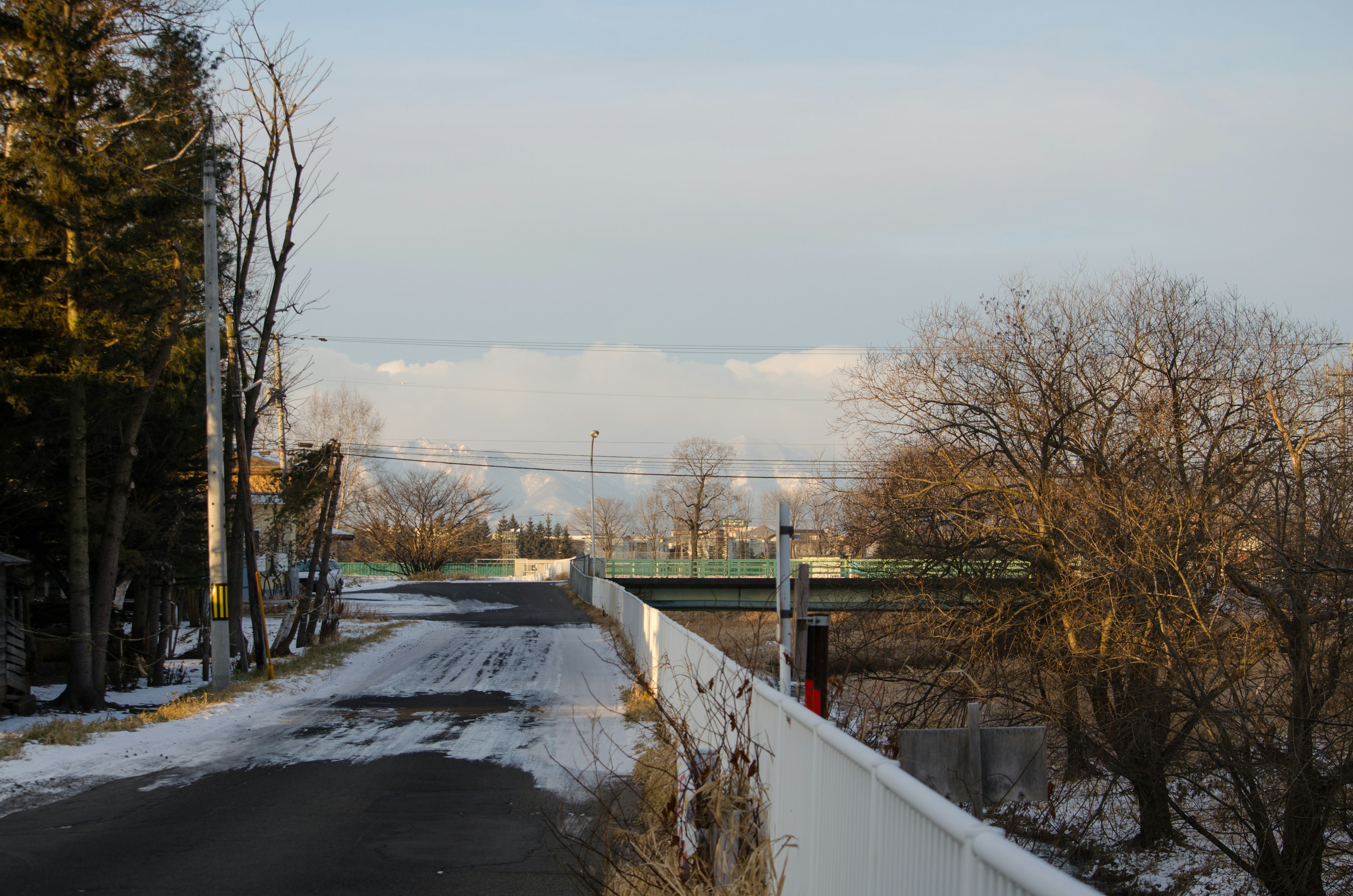 Schneebedeckte Straße mit Bäumen und einer Brücke in der Ferne