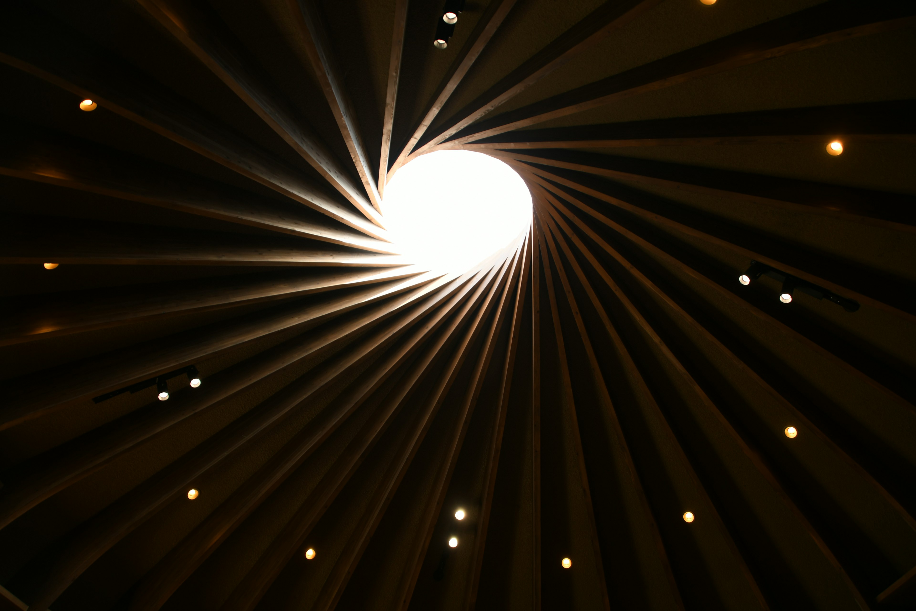 Circular ceiling with a central light source and radiating design elements