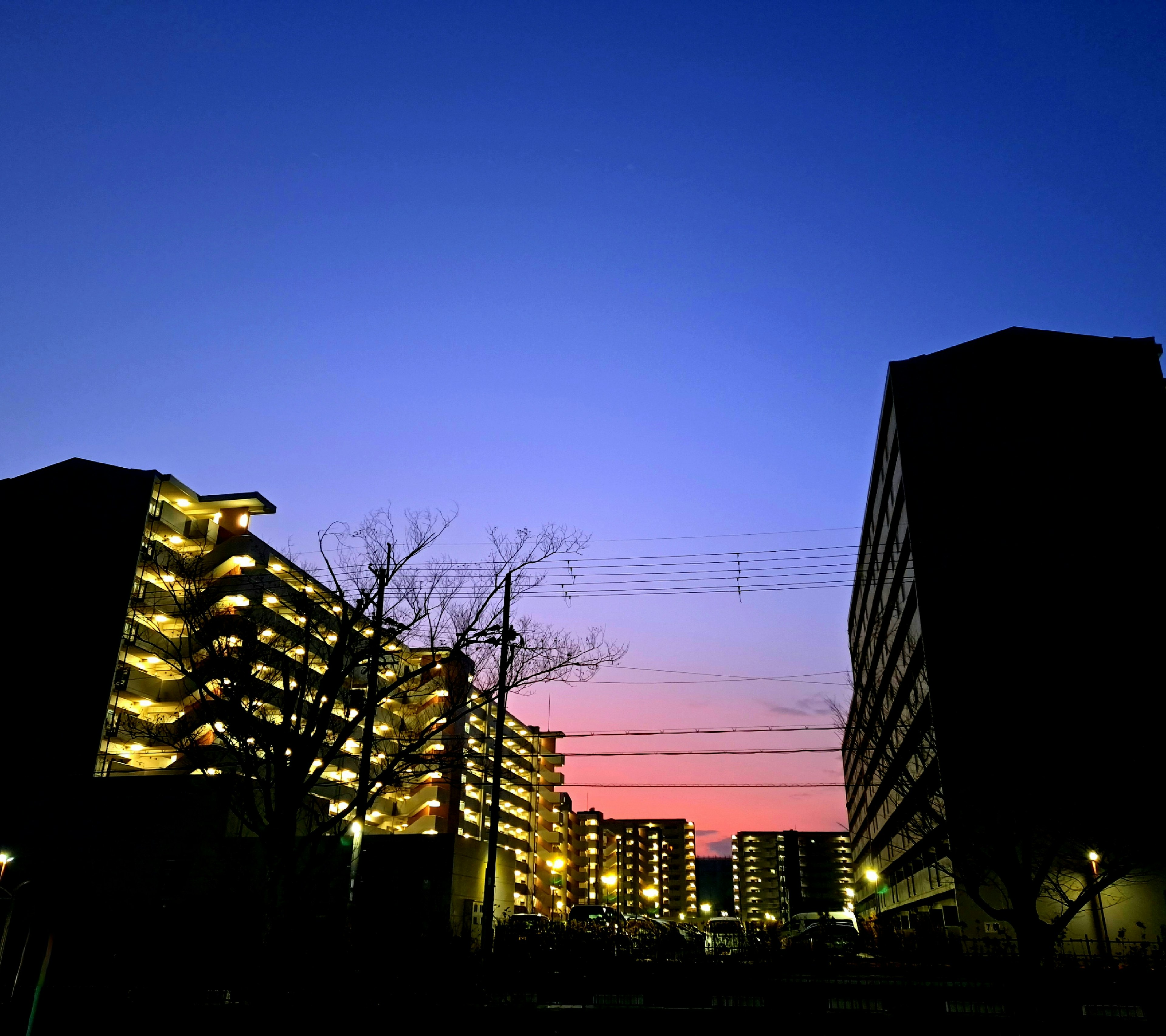 Silueta de apartamentos altos contra un cielo crepuscular