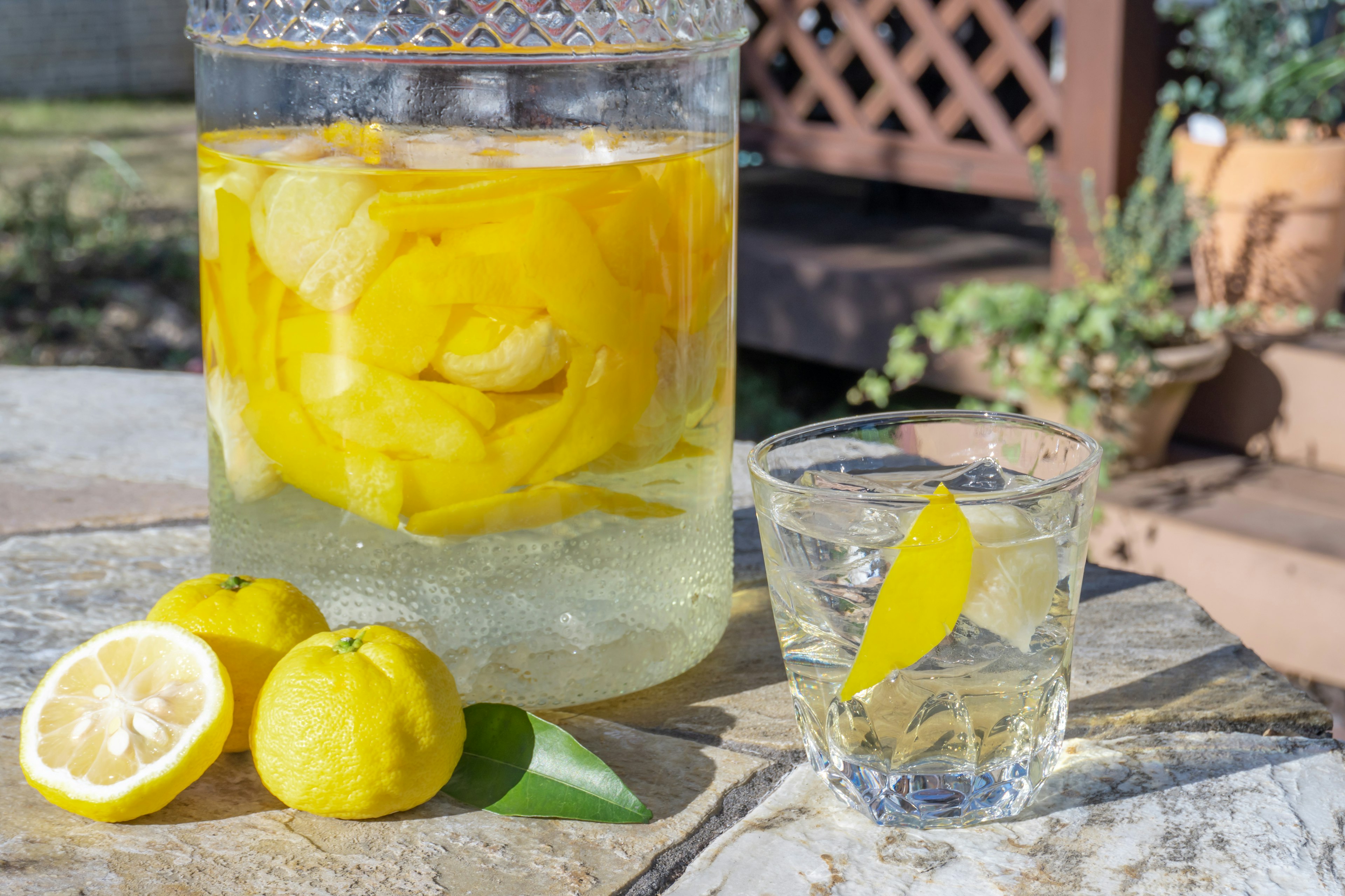 Bild von einer Karaffe und einem Glas kaltem Wasser mit Zitronen- und Limettenscheiben