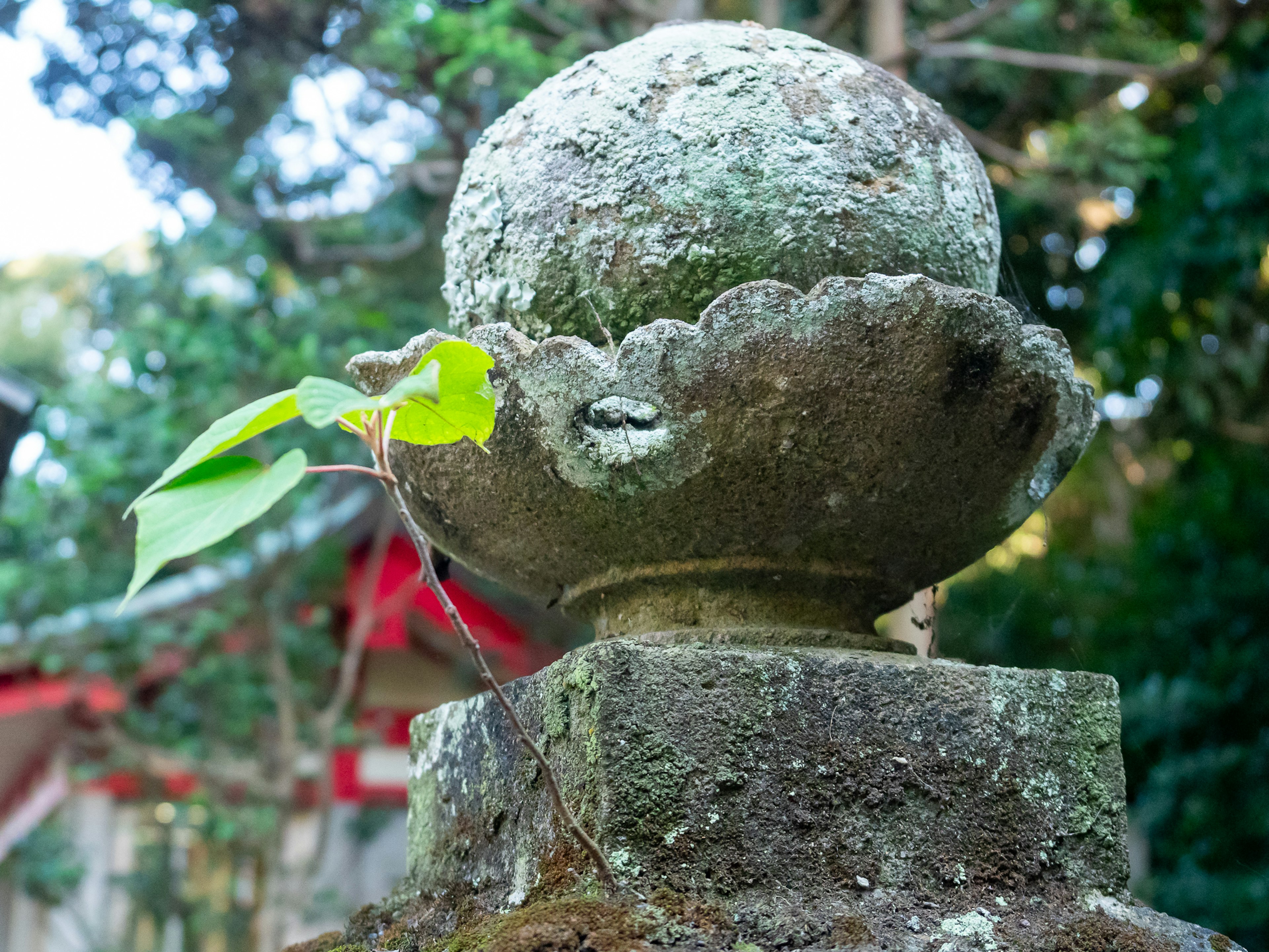 Stone orb sculpture with green leaves in a garden