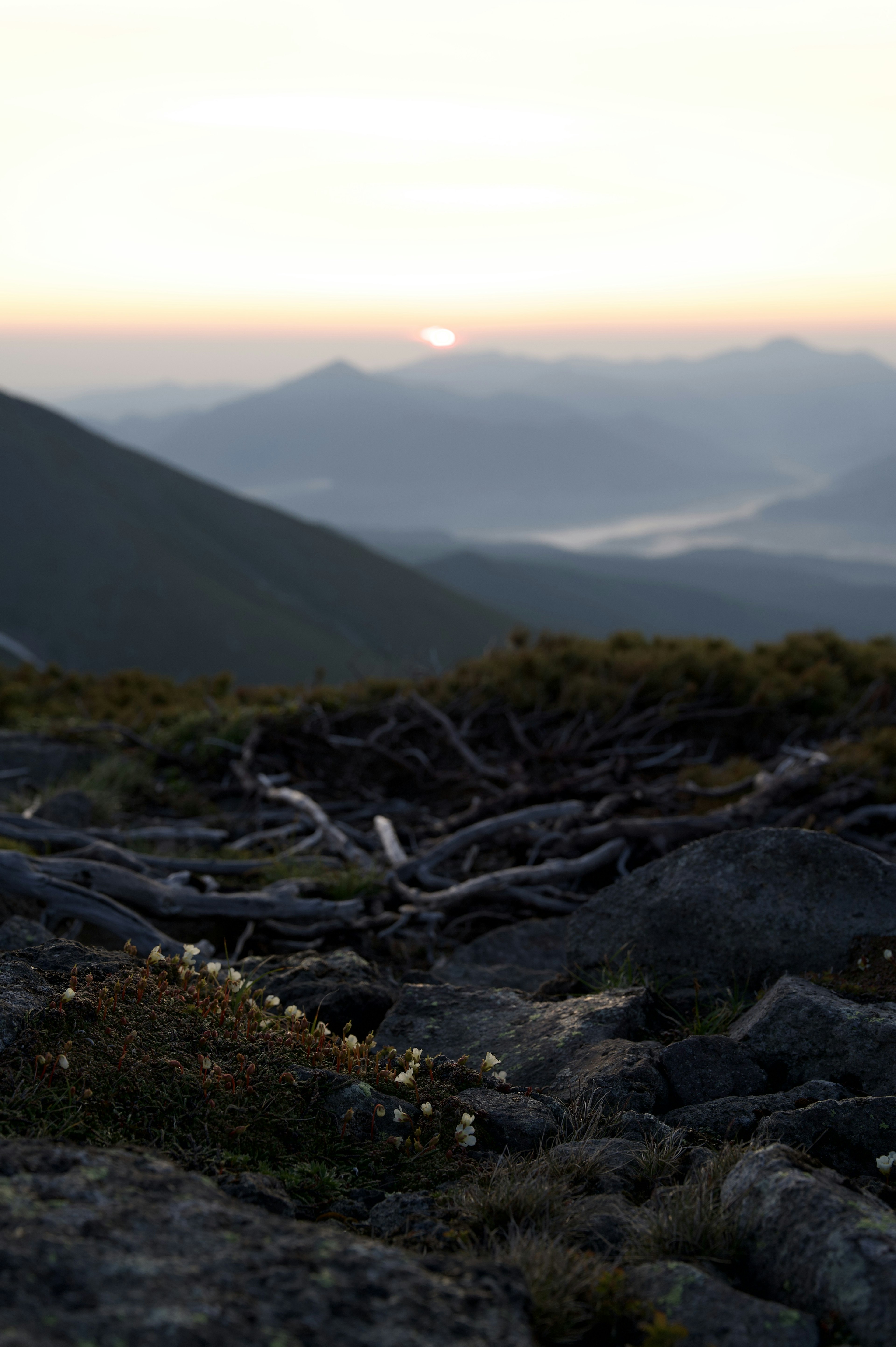 Paesaggio montano con tramonto e terreno roccioso