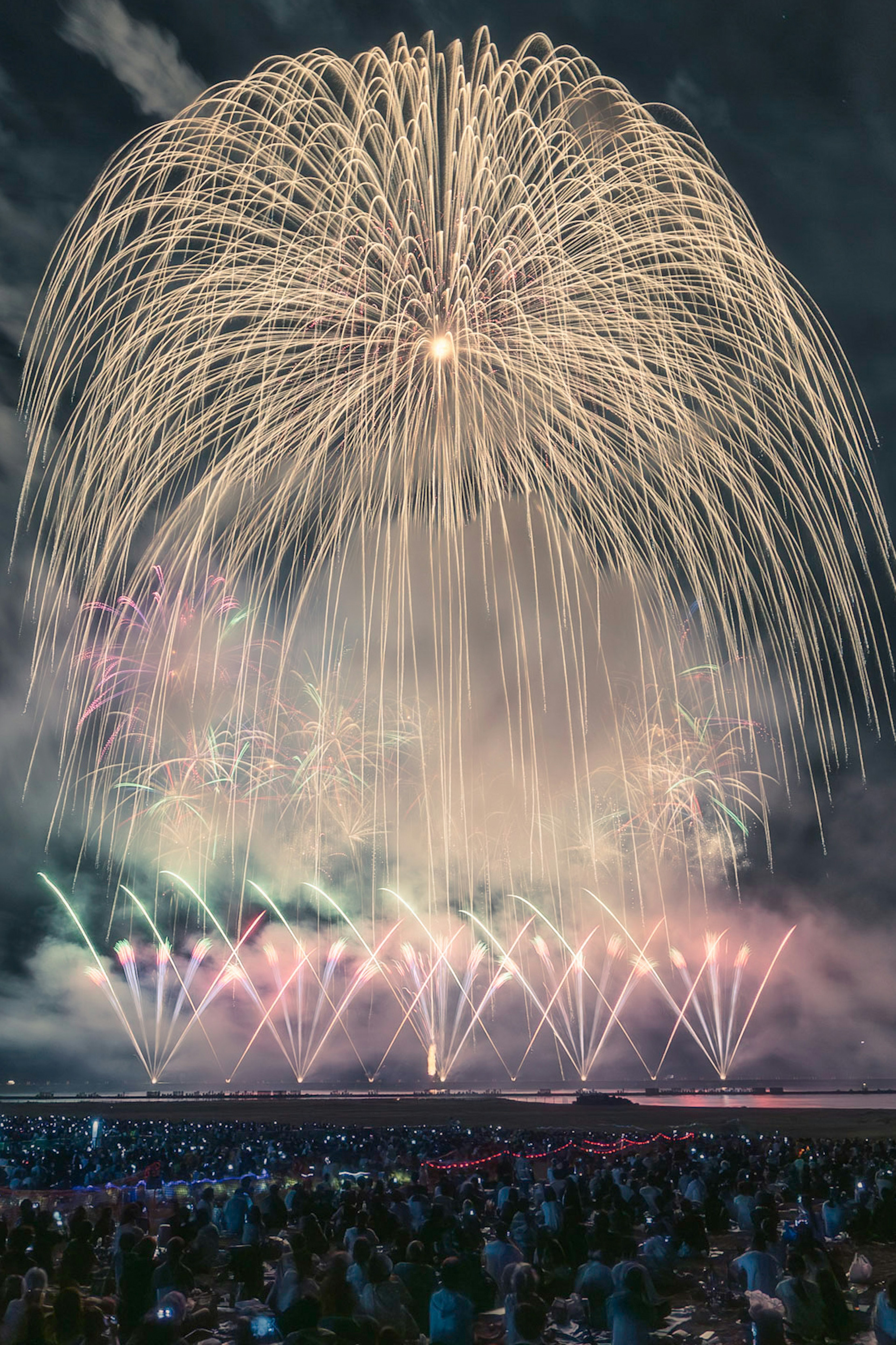 Spettacolari fuochi d'artificio illuminano il cielo notturno con un pubblico che guarda