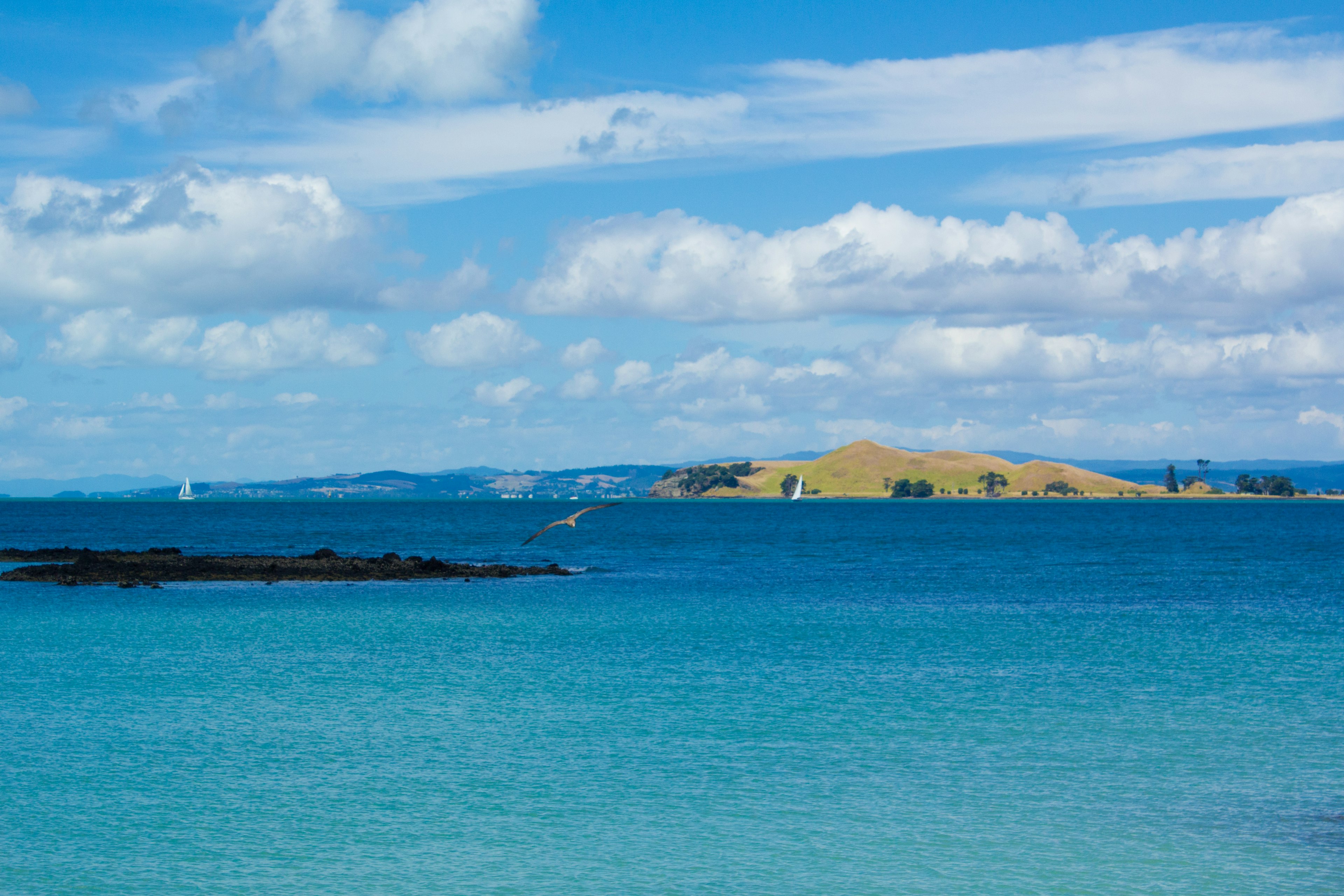 Mare e cielo blu vibranti con un'isola verde in lontananza