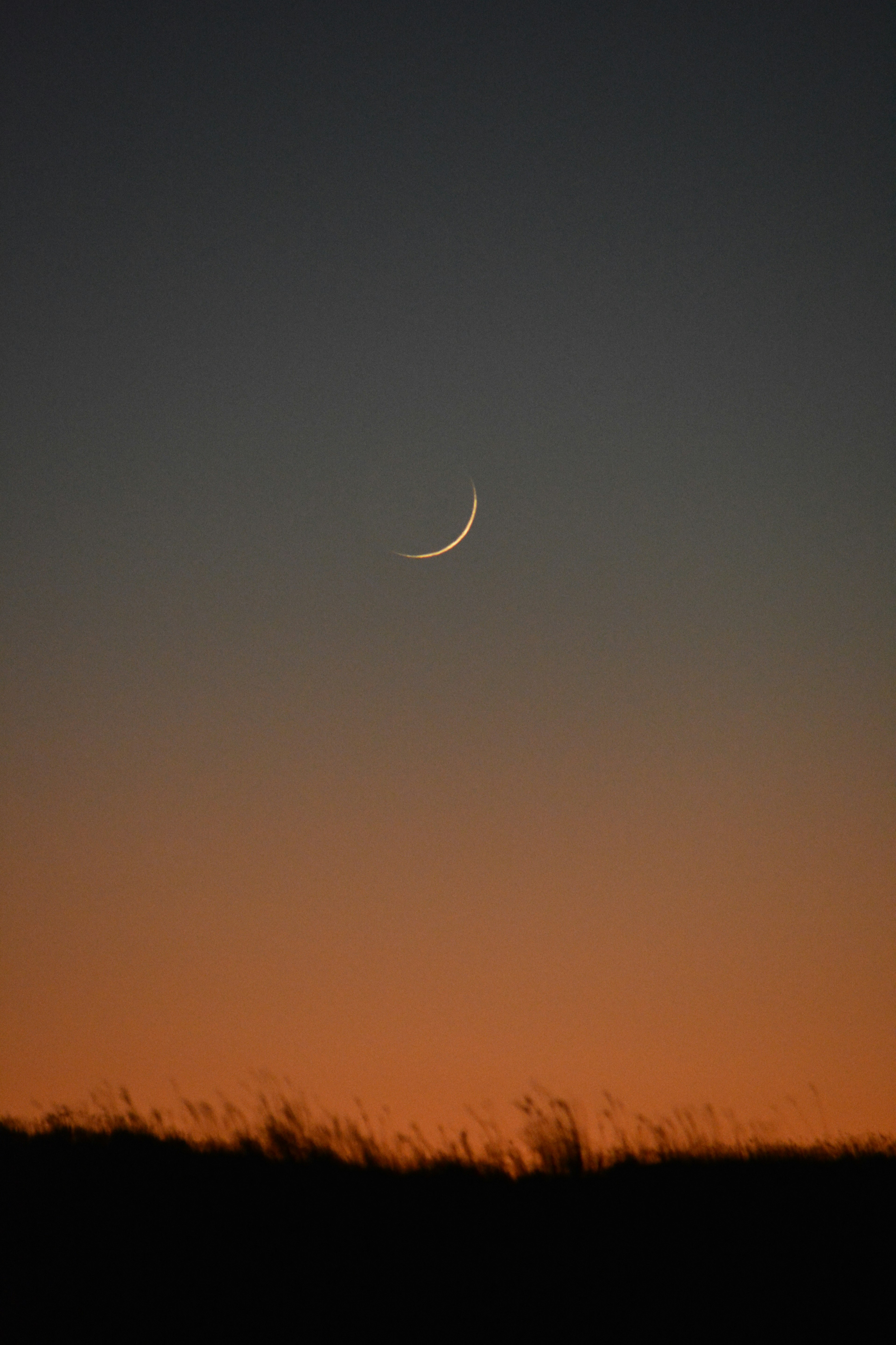 Thin crescent moon against an orange and dark blue twilight sky