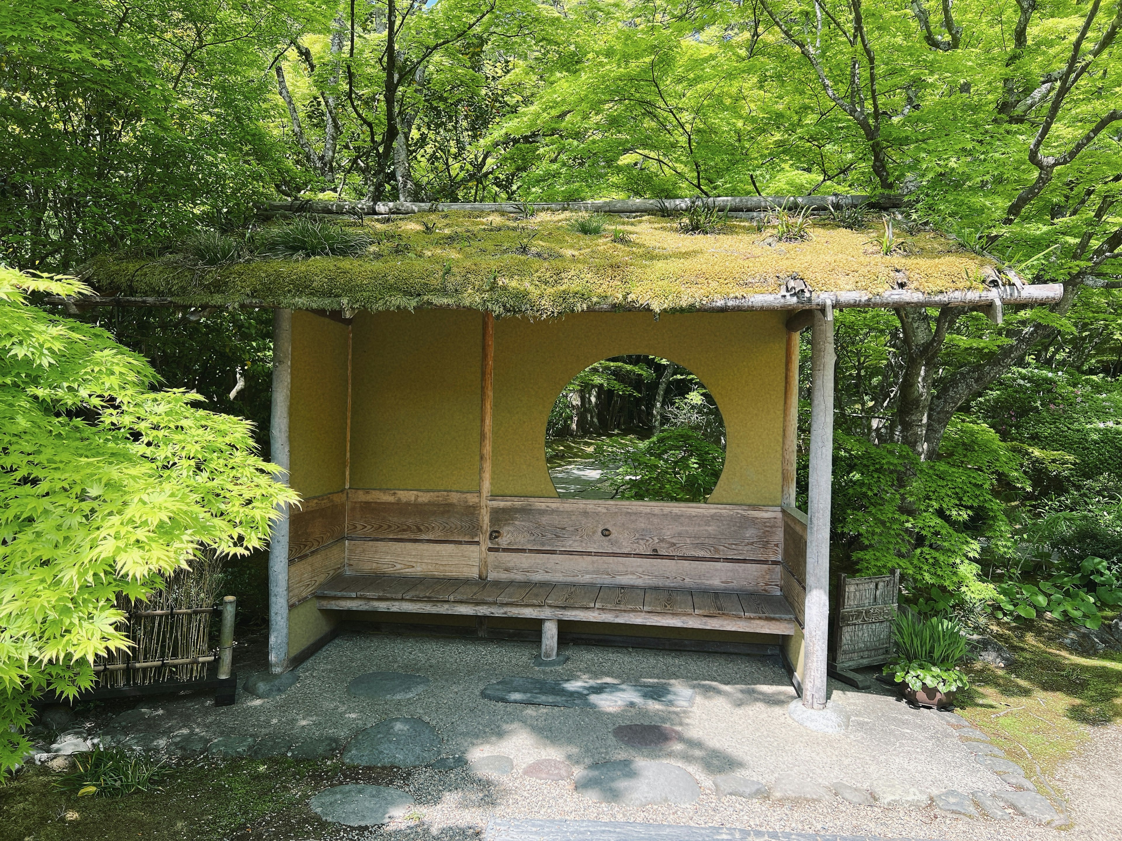 Área de descanso de estilo casa de té japonés rodeada de árboles verdes con una ventana redonda