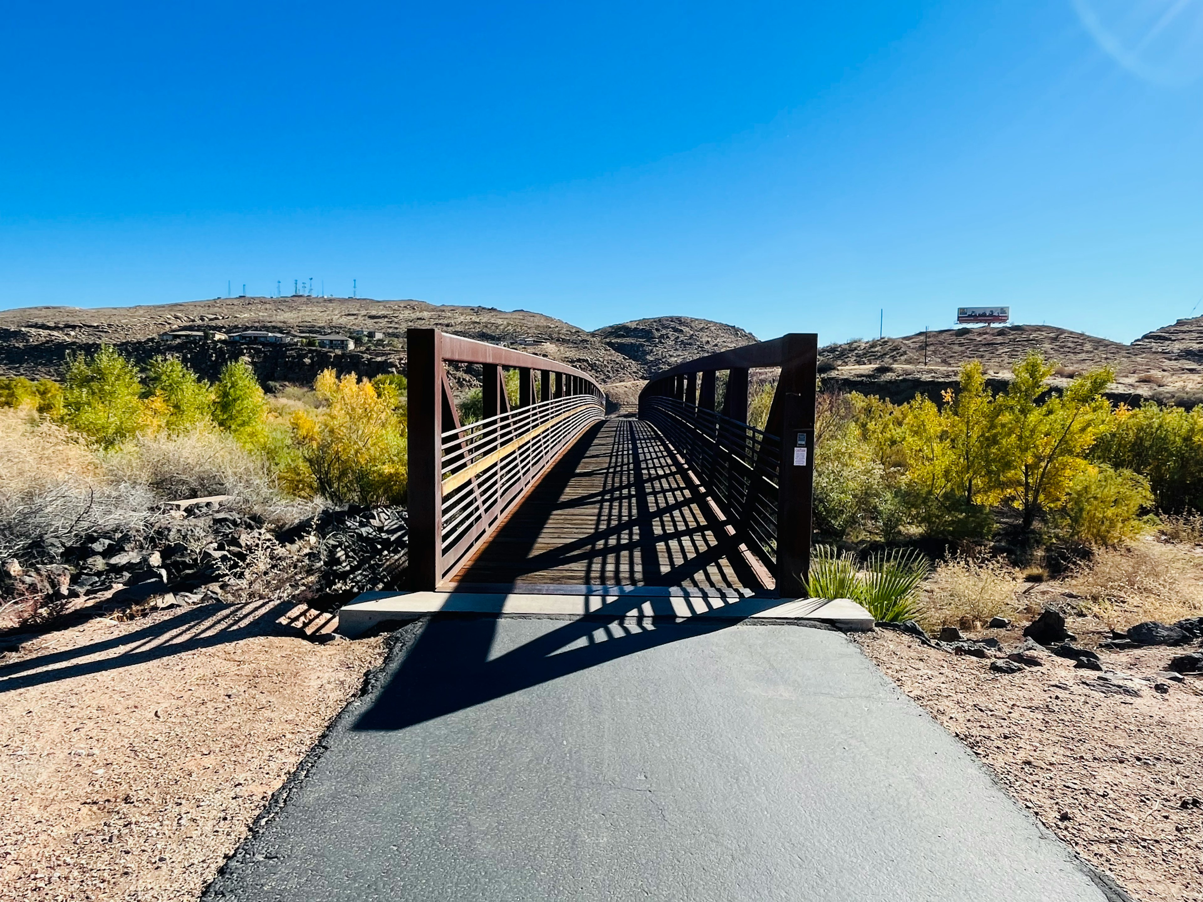 Una vista di un ponte che si estende su un paesaggio con piante verdi sotto un cielo blu chiaro