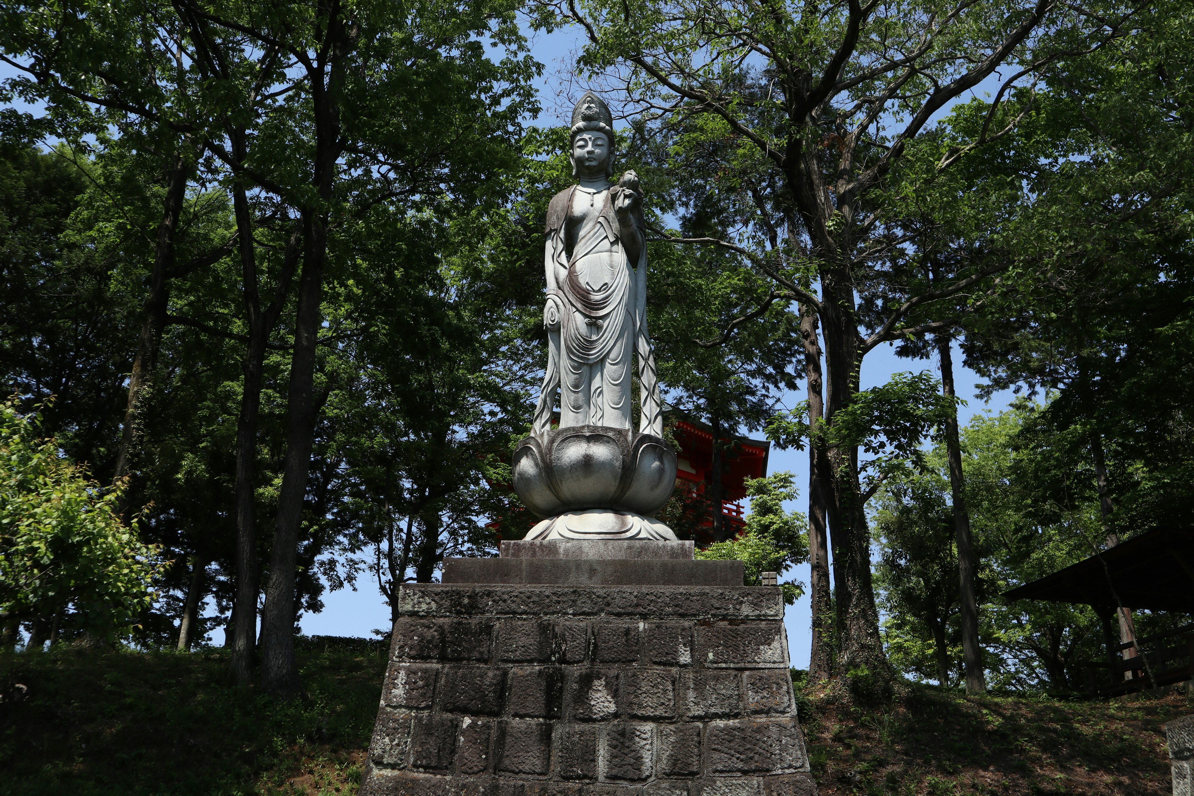 Sebuah patung tokoh Buddha dikelilingi pohon hijau