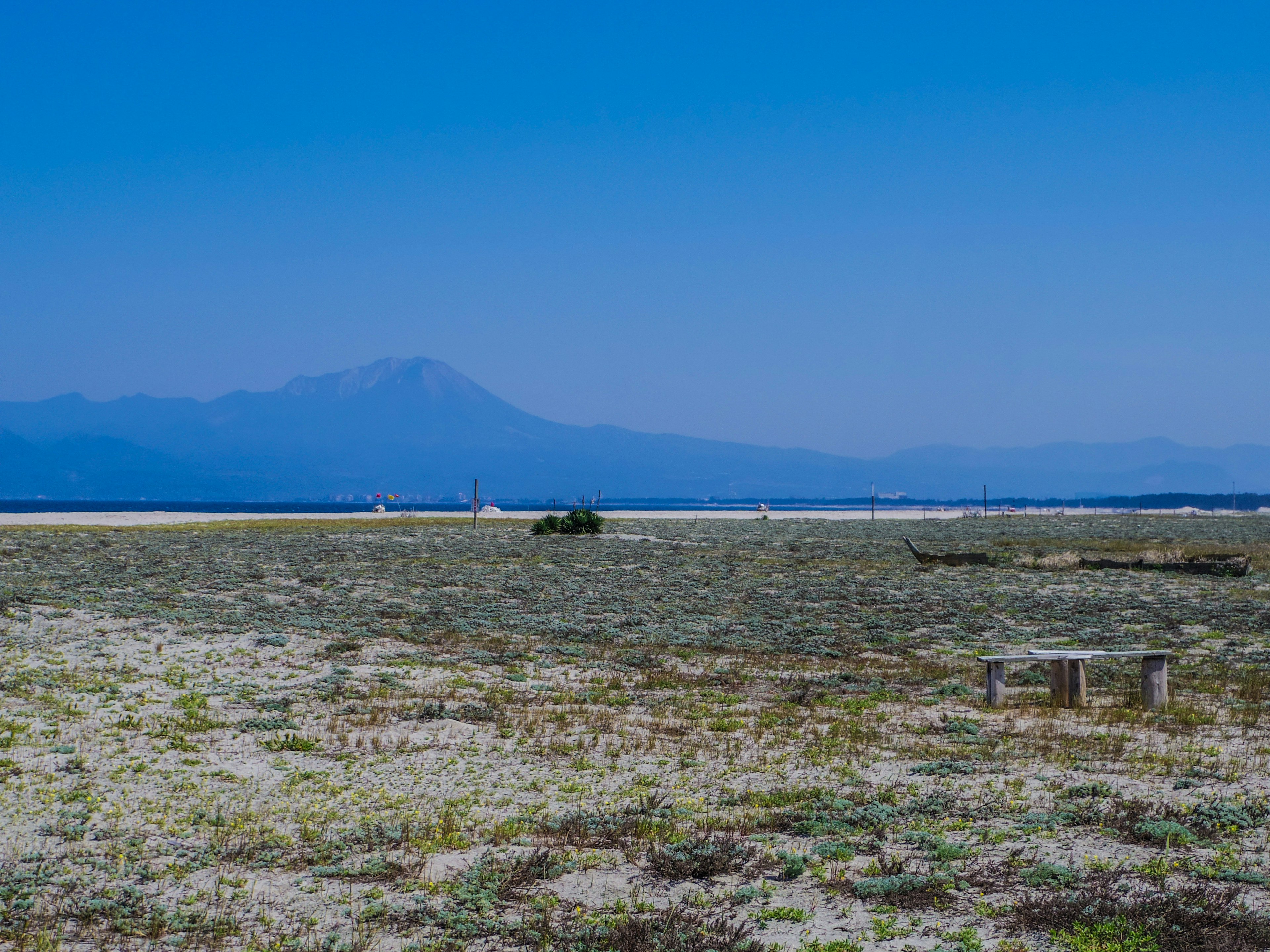 Vaste paysage herbeux avec ciel bleu et montagnes au loin