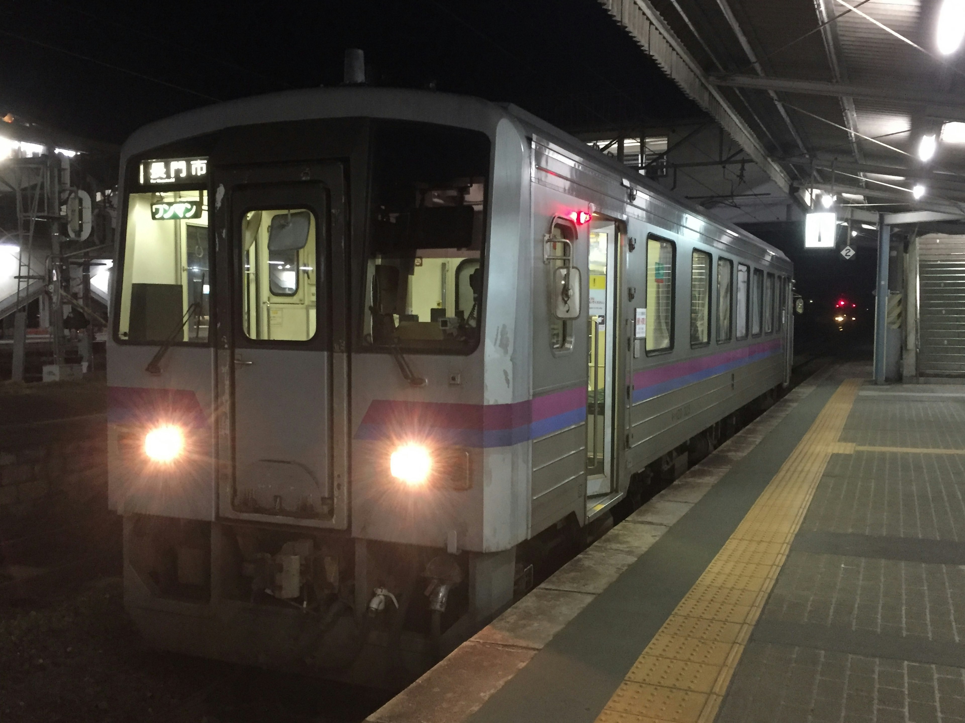 A purple and silver train stopped at a station at night