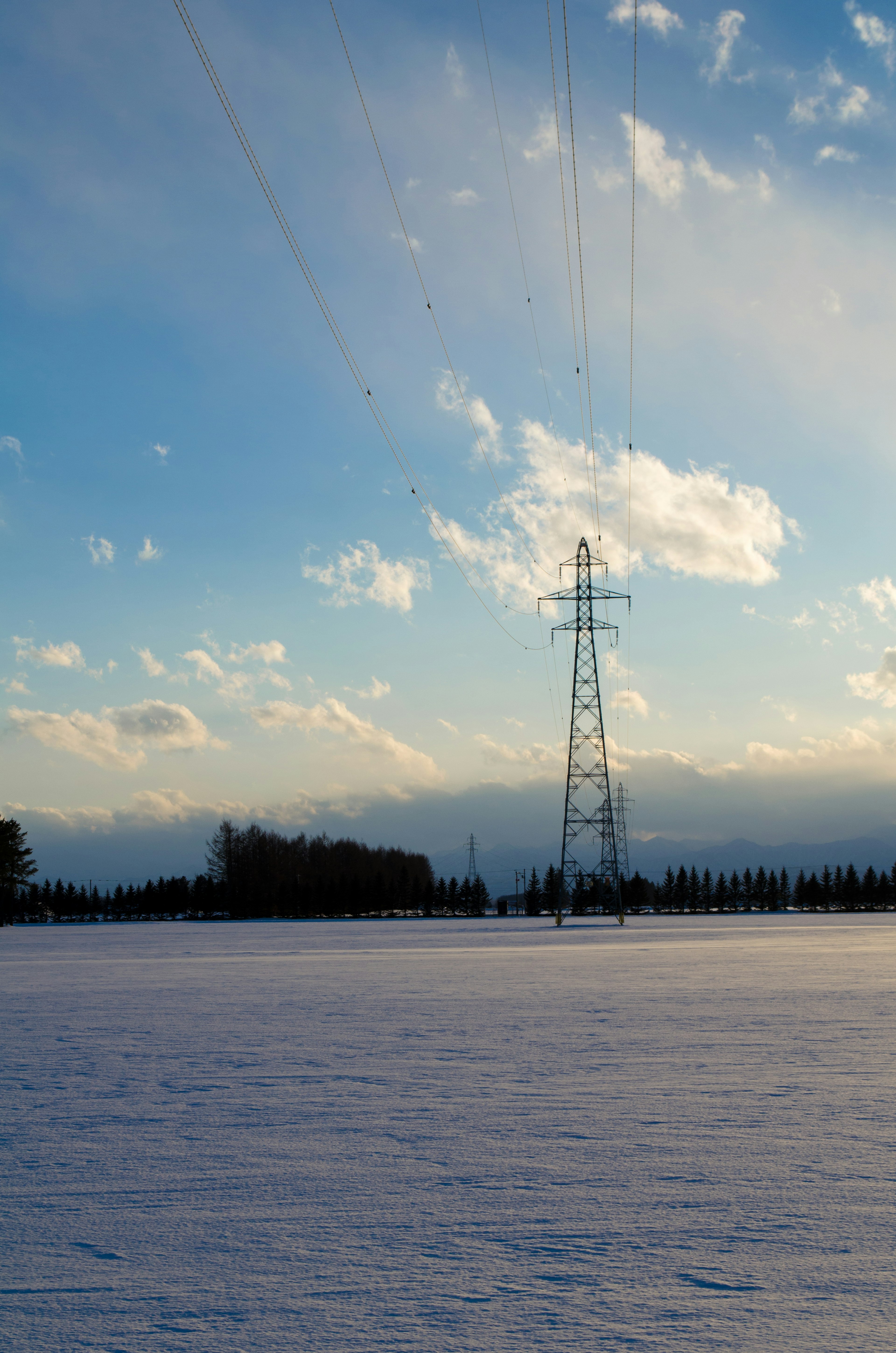 雪景色の中に立つ高圧電線の鉄塔と青空