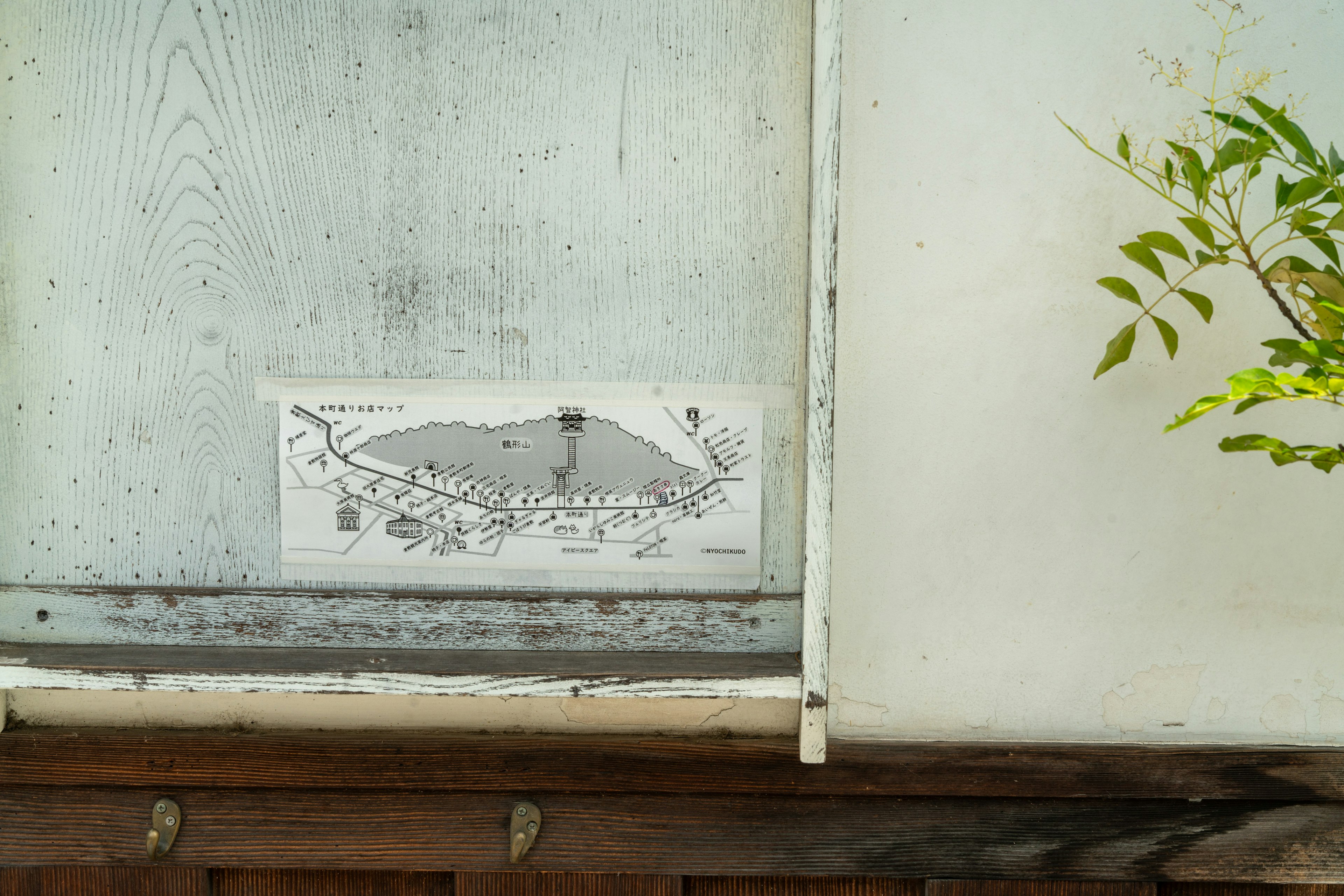 A mountain illustration on a blue wooden wall with a plant nearby