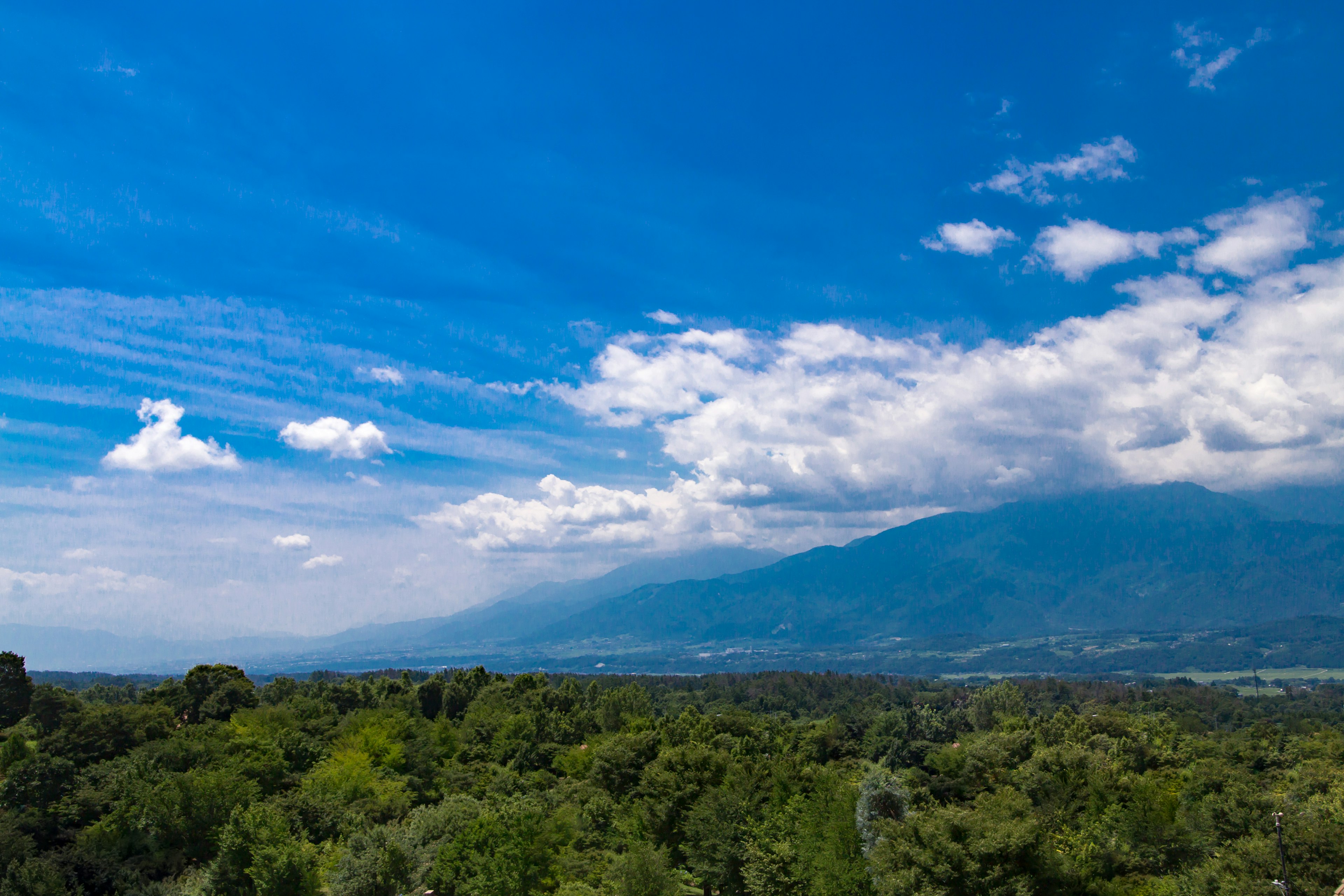 青空と白い雲に囲まれた緑豊かな山の風景