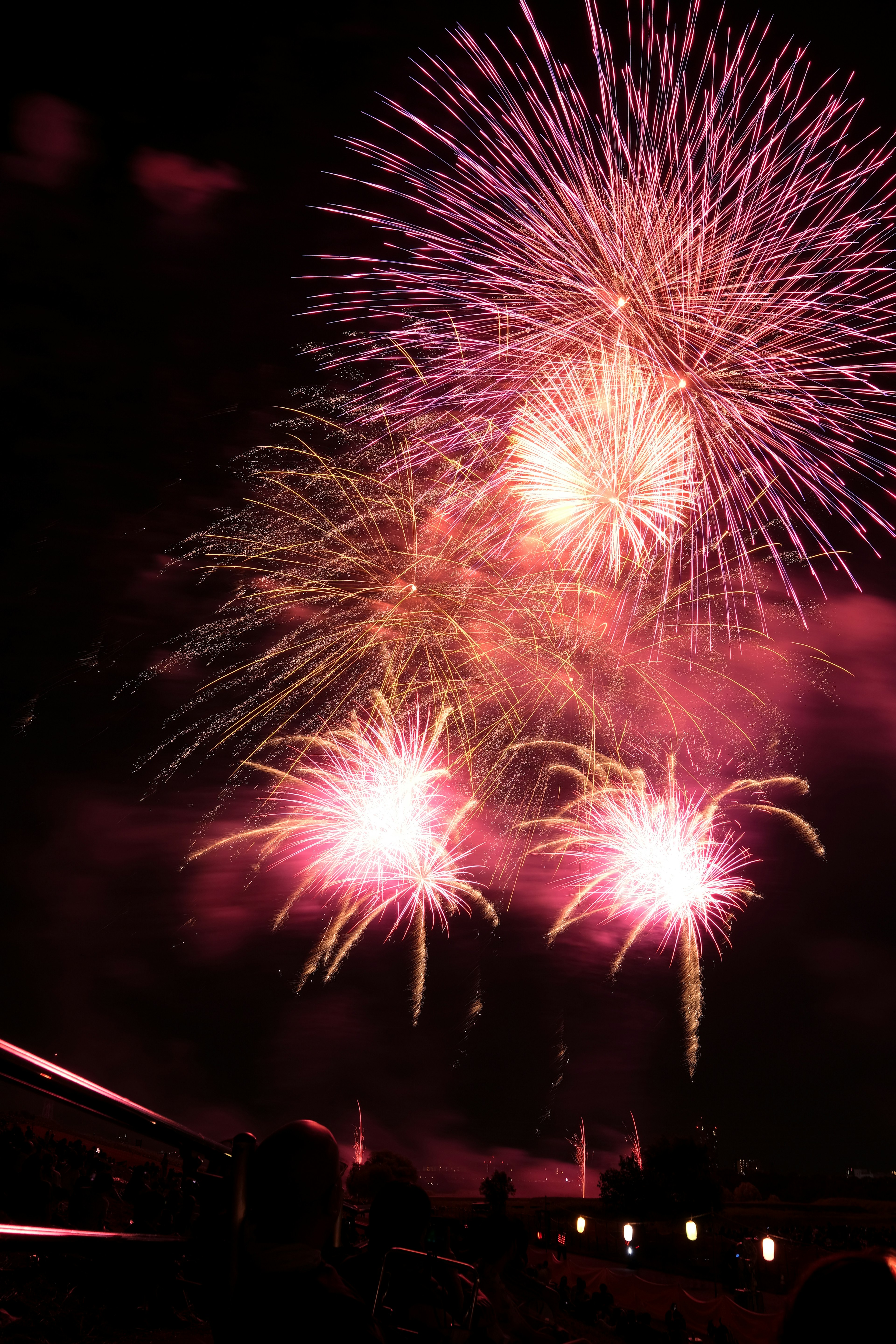 Spectacle de feux d'artifice colorés dans le ciel nocturne avec silhouette de spectateurs