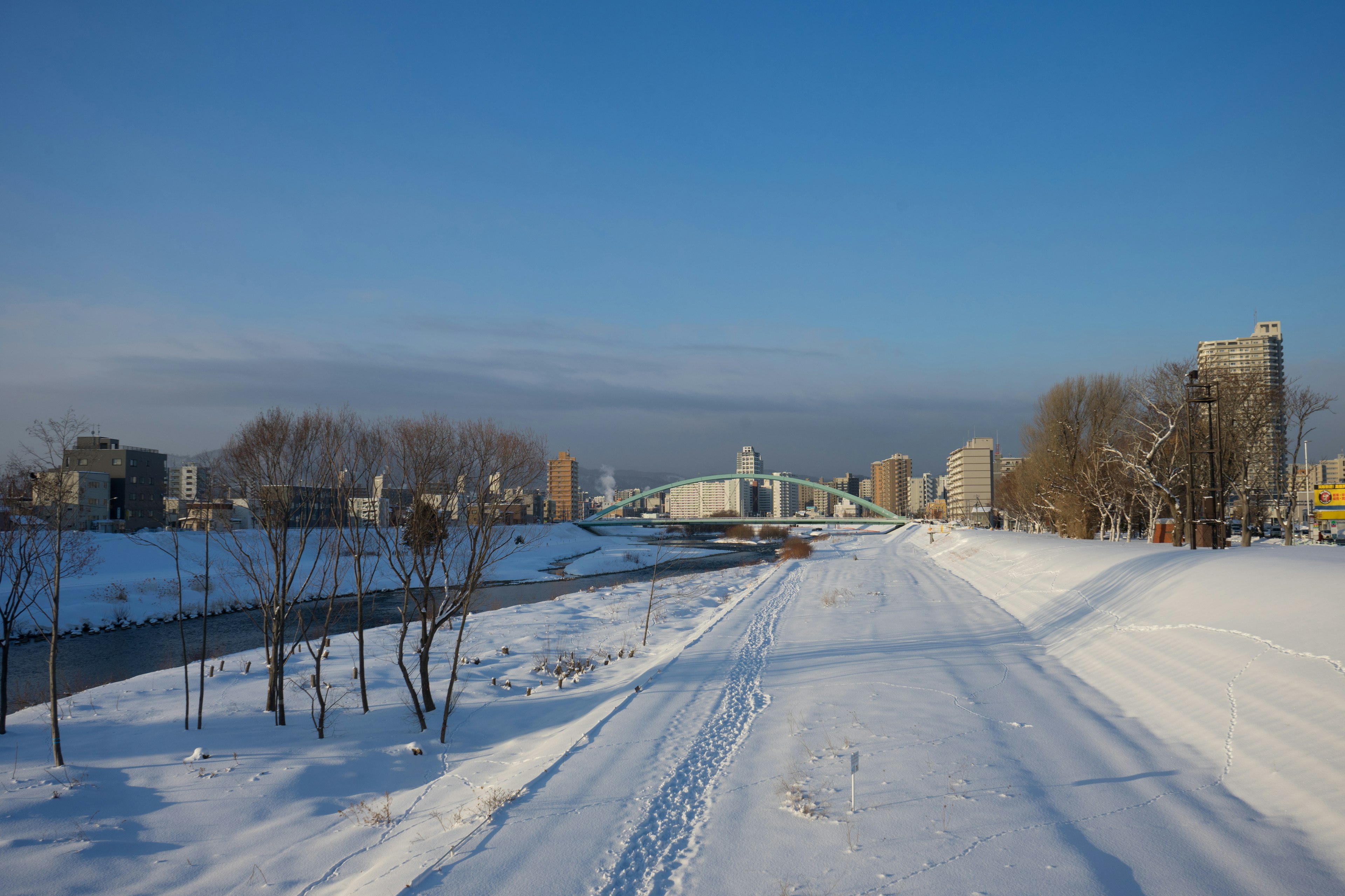 Winter landscape featuring a snow-covered path and city skyline