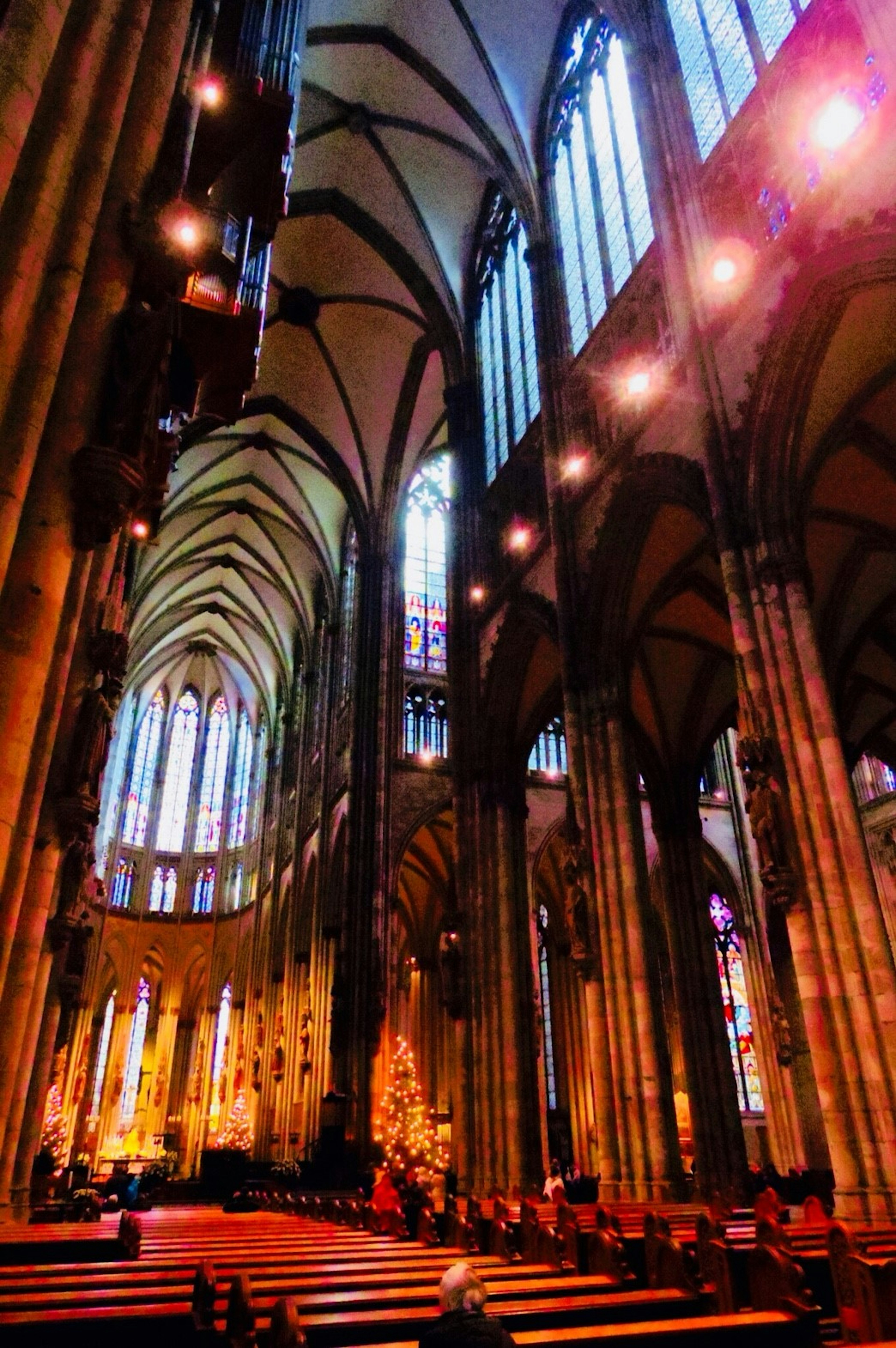 Interior katedral gotik yang indah dengan langit-langit tinggi dan jendela kaca patri