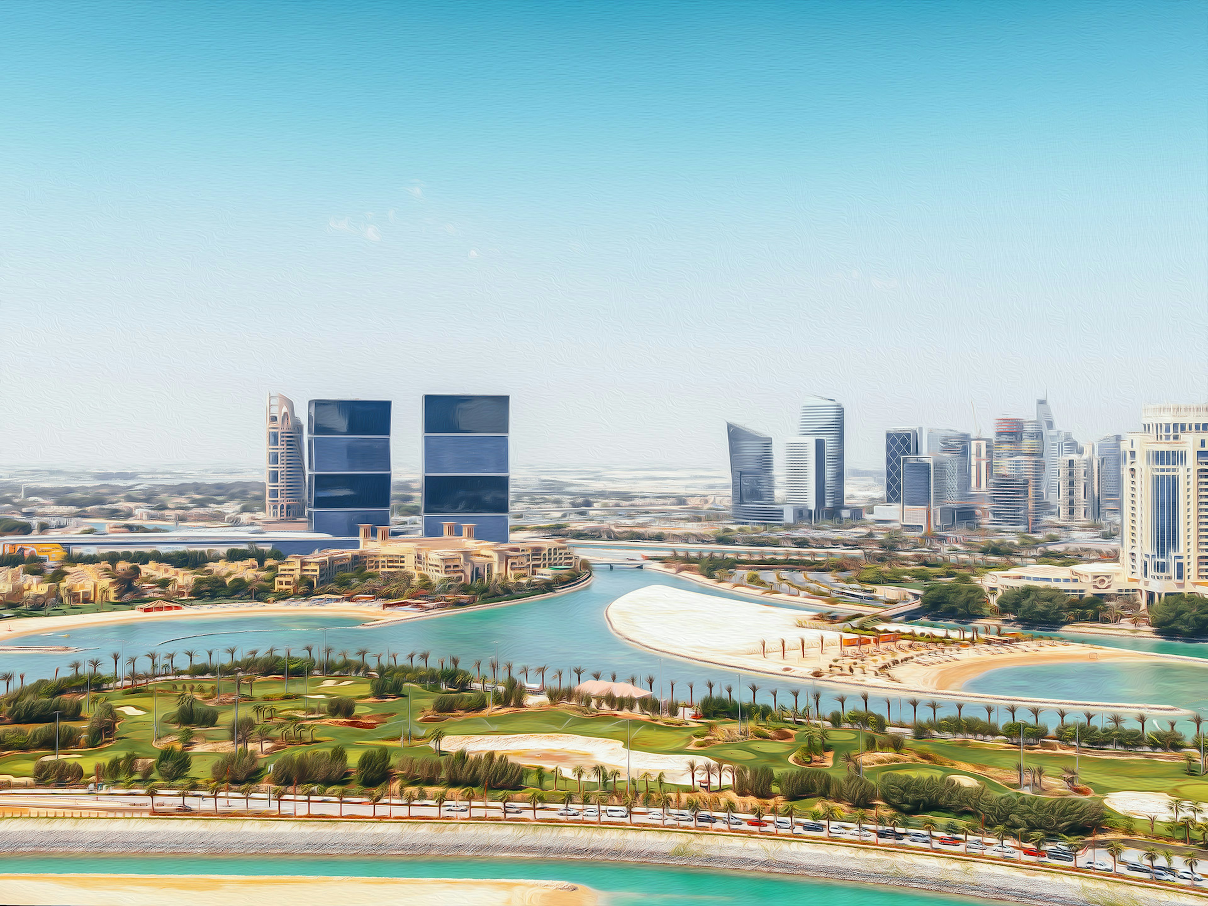 Paisaje urbano con edificios modernos bajo un cielo azul que presenta parques verdes y ríos sinuosos