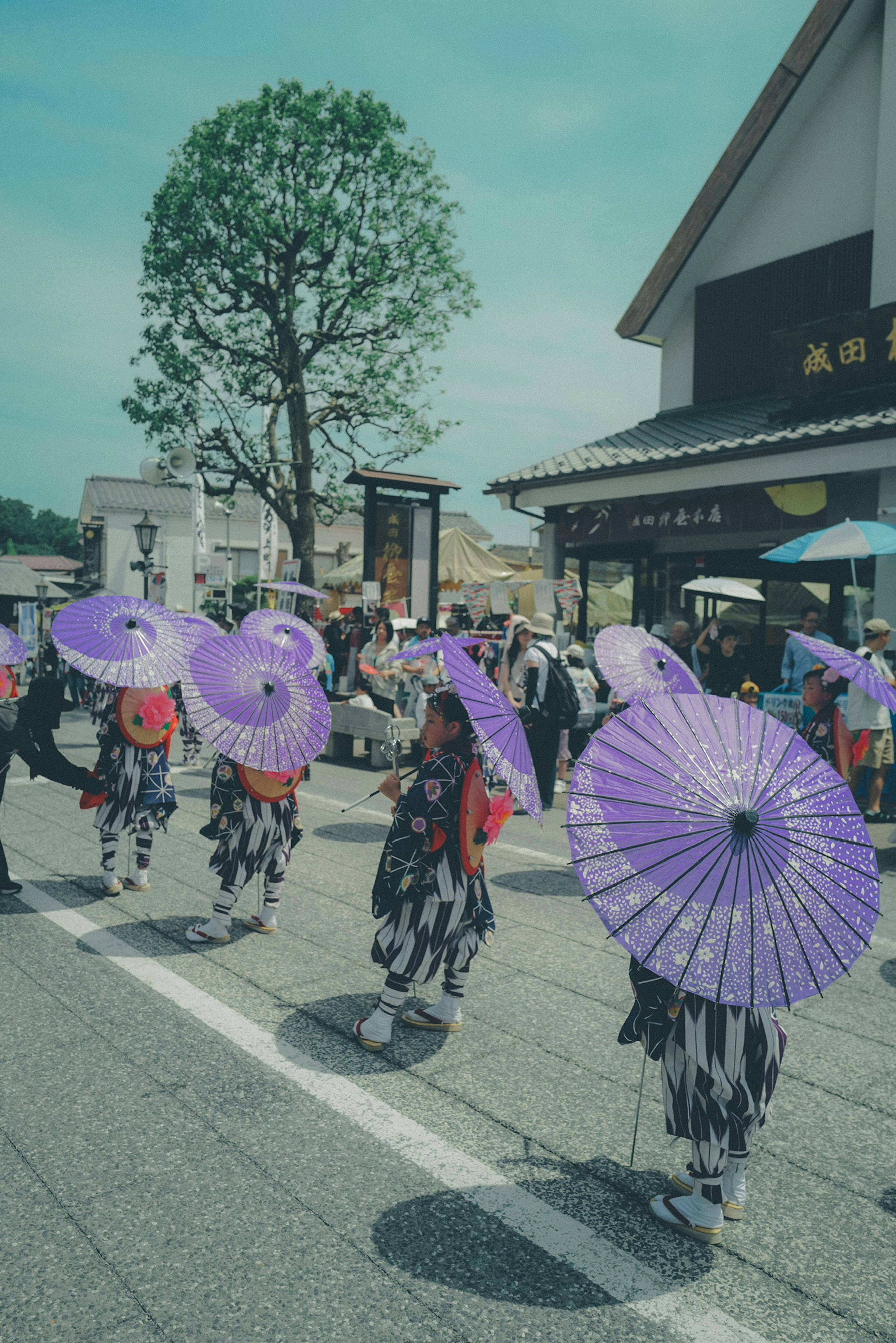 Tänzer mit lila Regenschirmen, die eine Straße in einer traditionellen Festivalszene entlanggehen