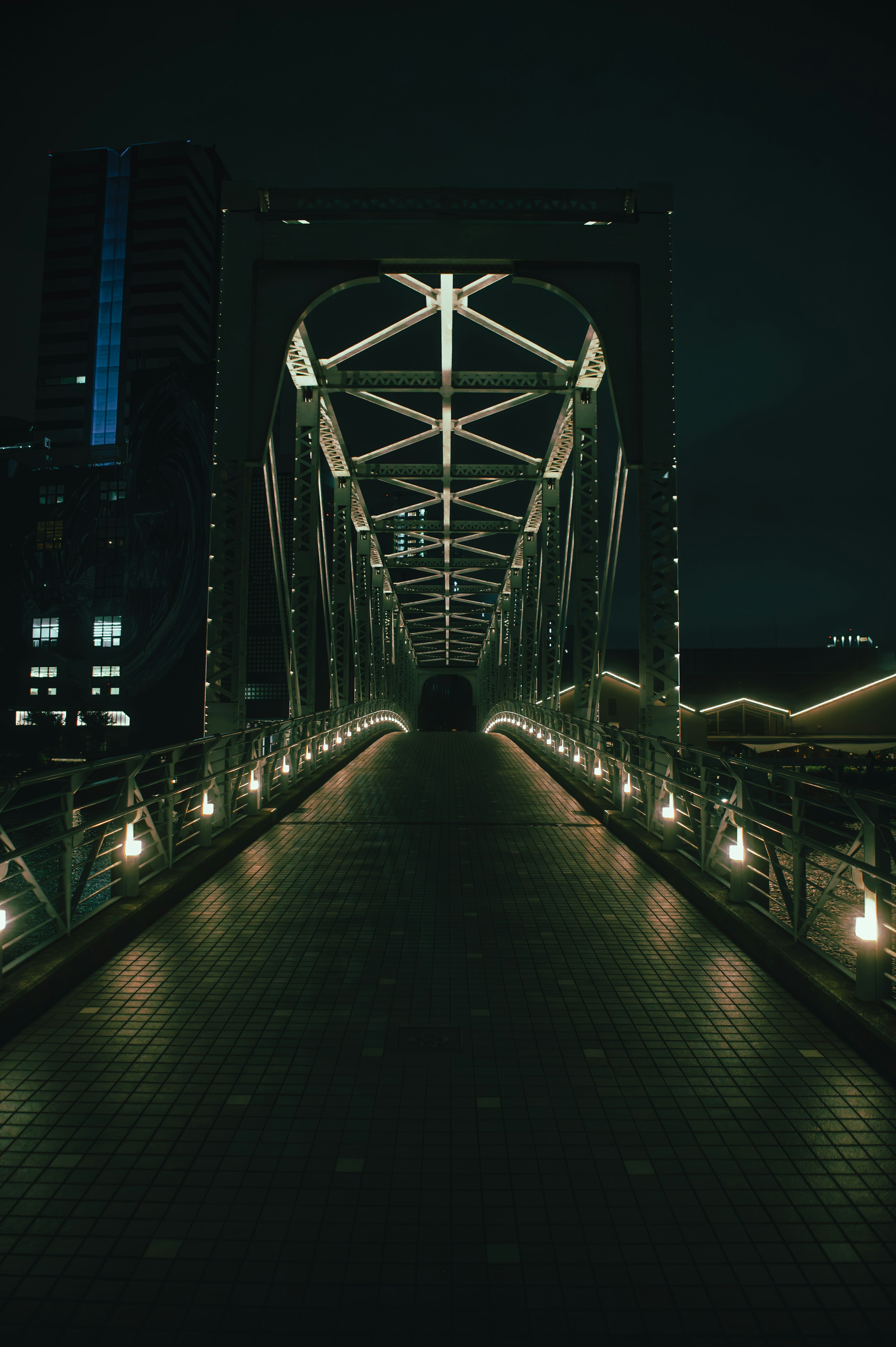 Illuminated pedestrian bridge at night with striking architecture