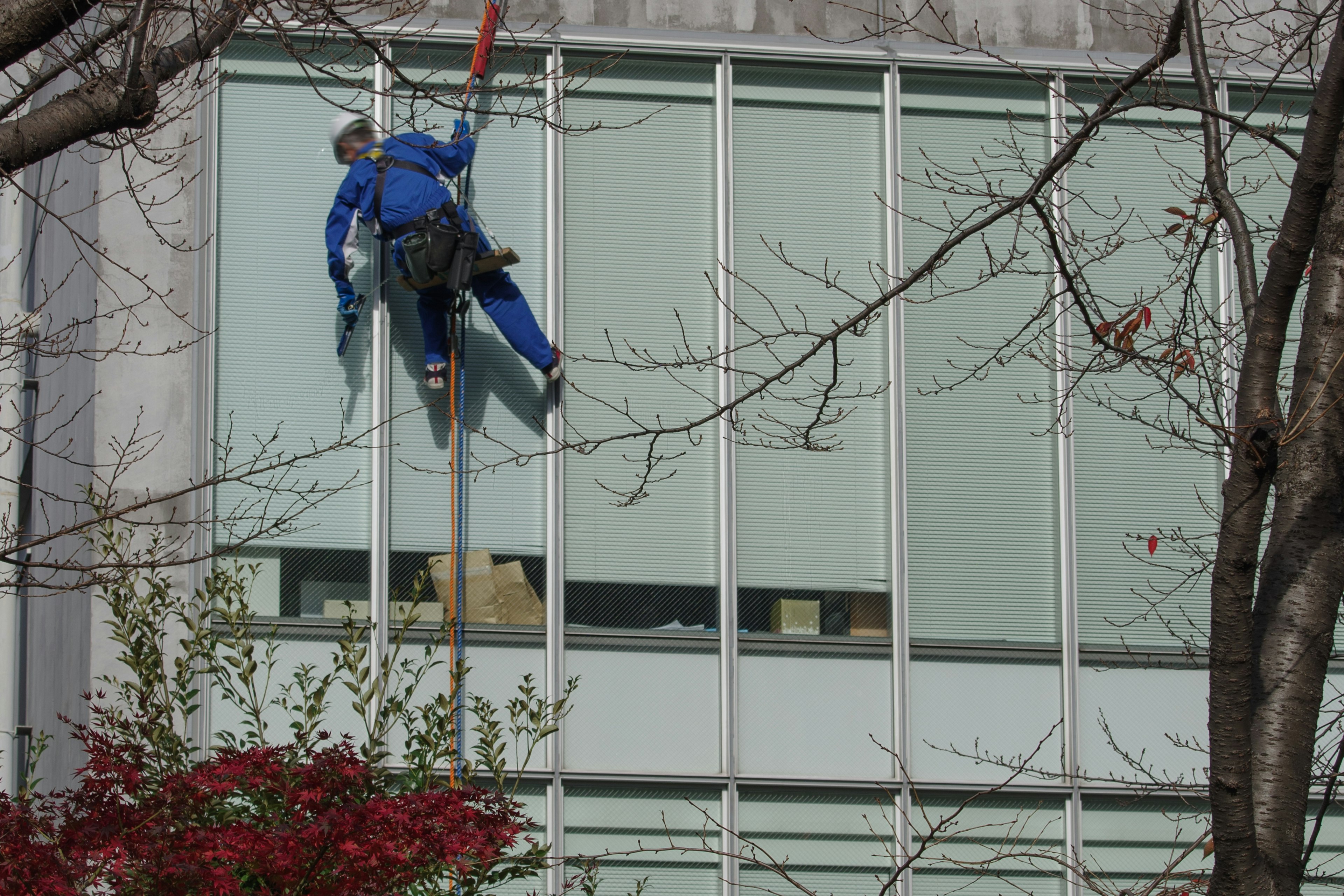 Arbeiter reinigt Fenster eines Gebäudes in blauer Arbeitskleidung, hängt an Seilen