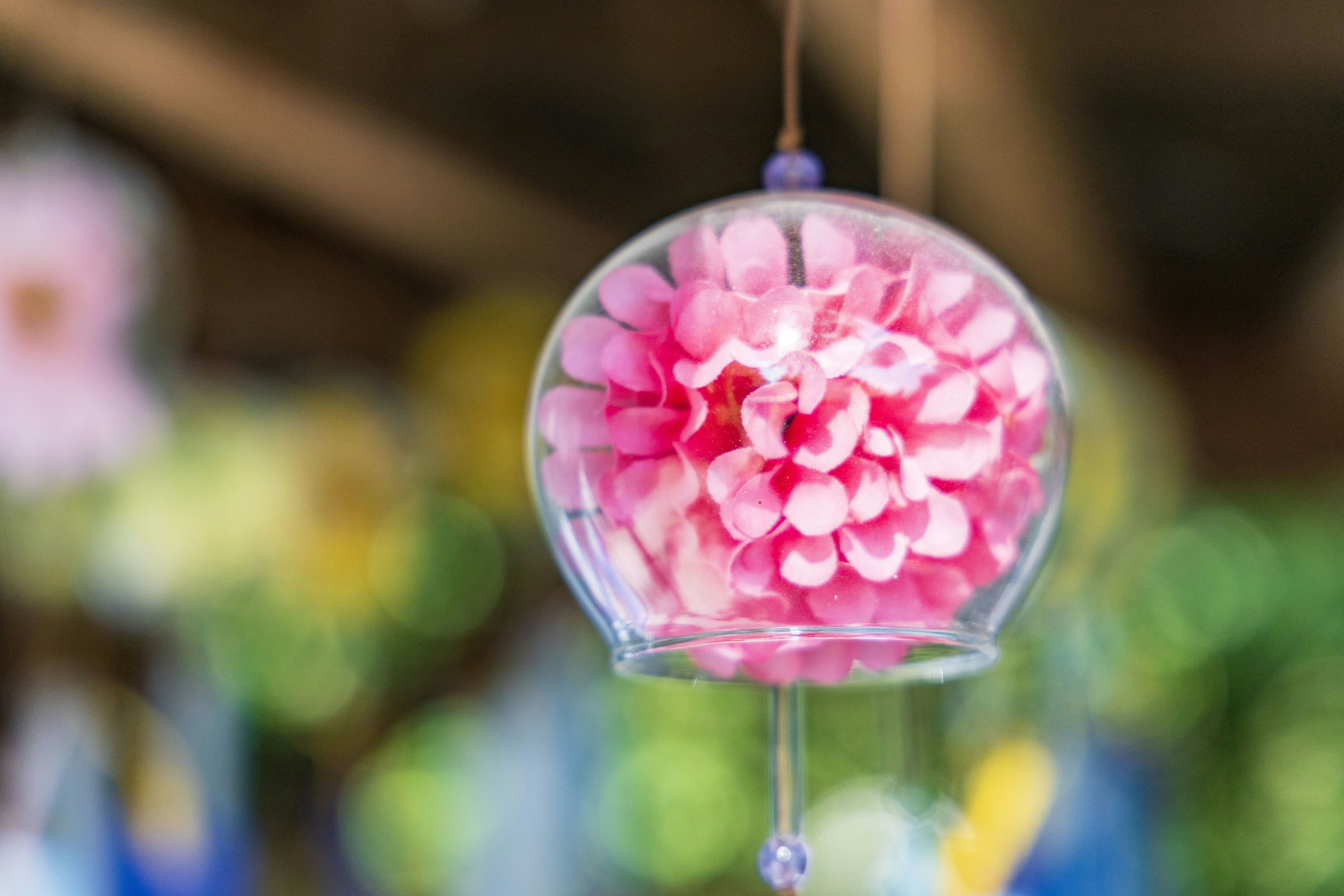 A pink flower encased in a transparent glass dome hanging decoratively