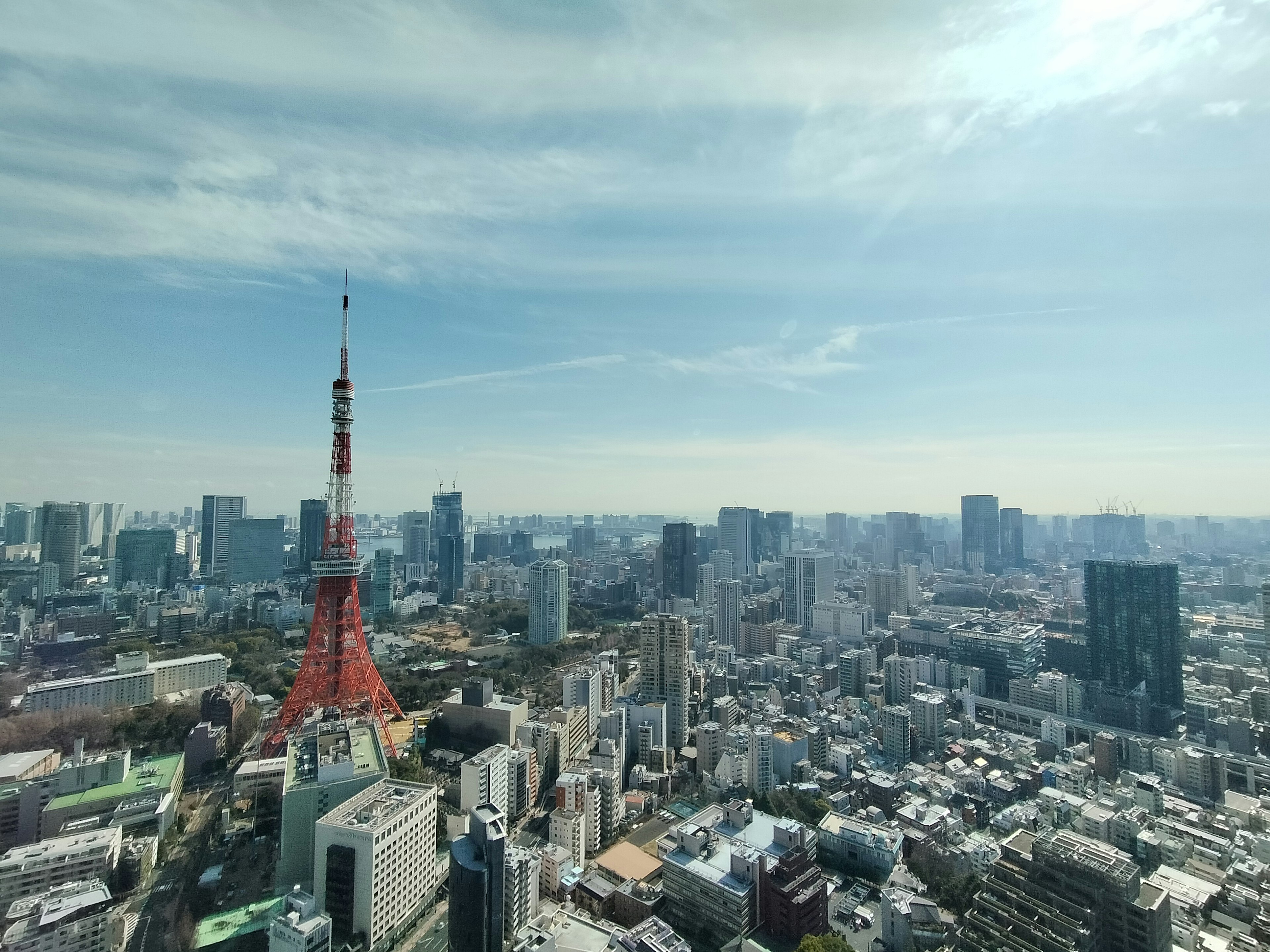 東京タワーと広がる都市の風景青空と雲が映える