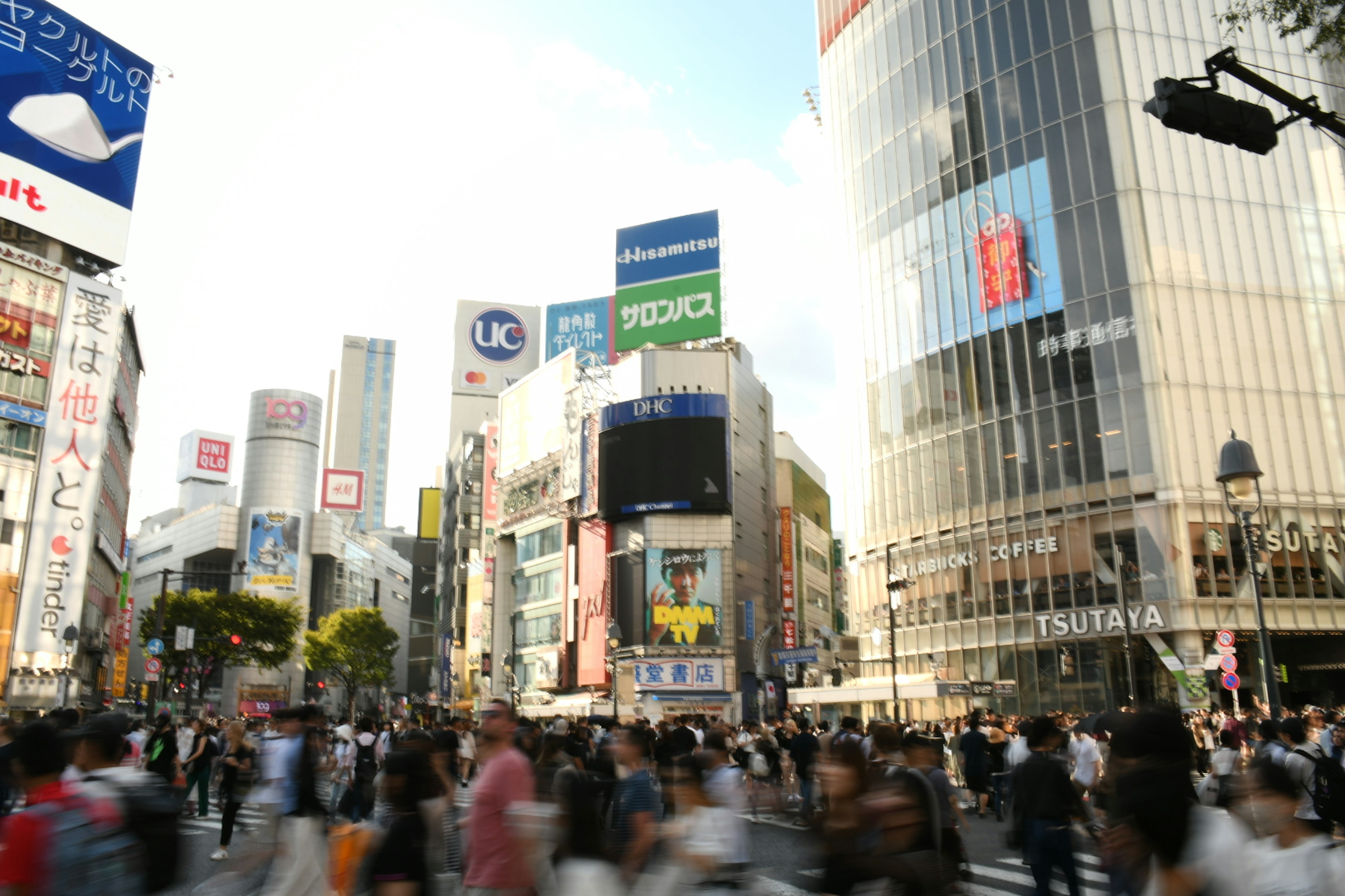 Belebte Shibuya-Kreuzung mit Menschenmengen und Wolkenkratzern