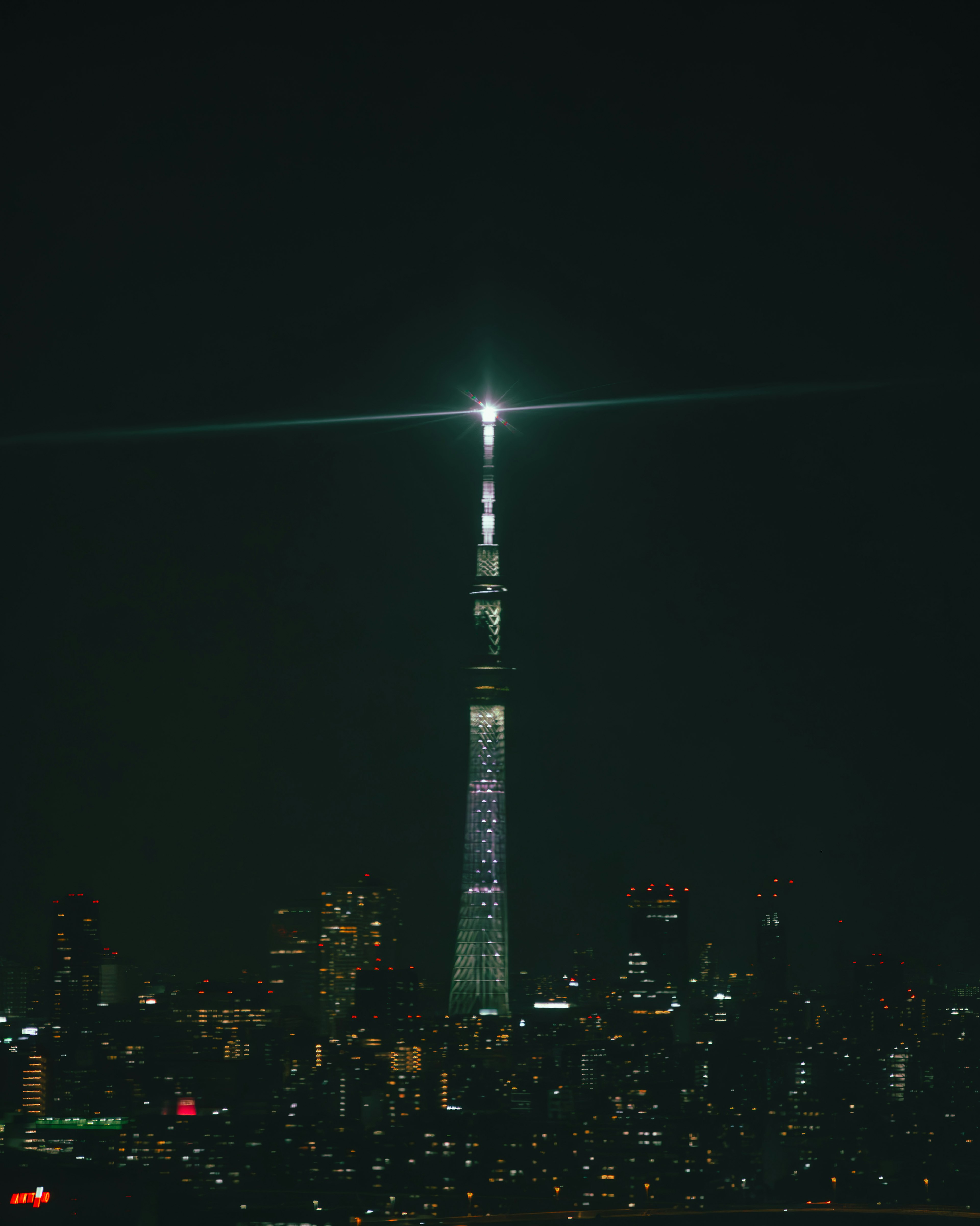 Tokyo Skytree illuminated at night against the city skyline