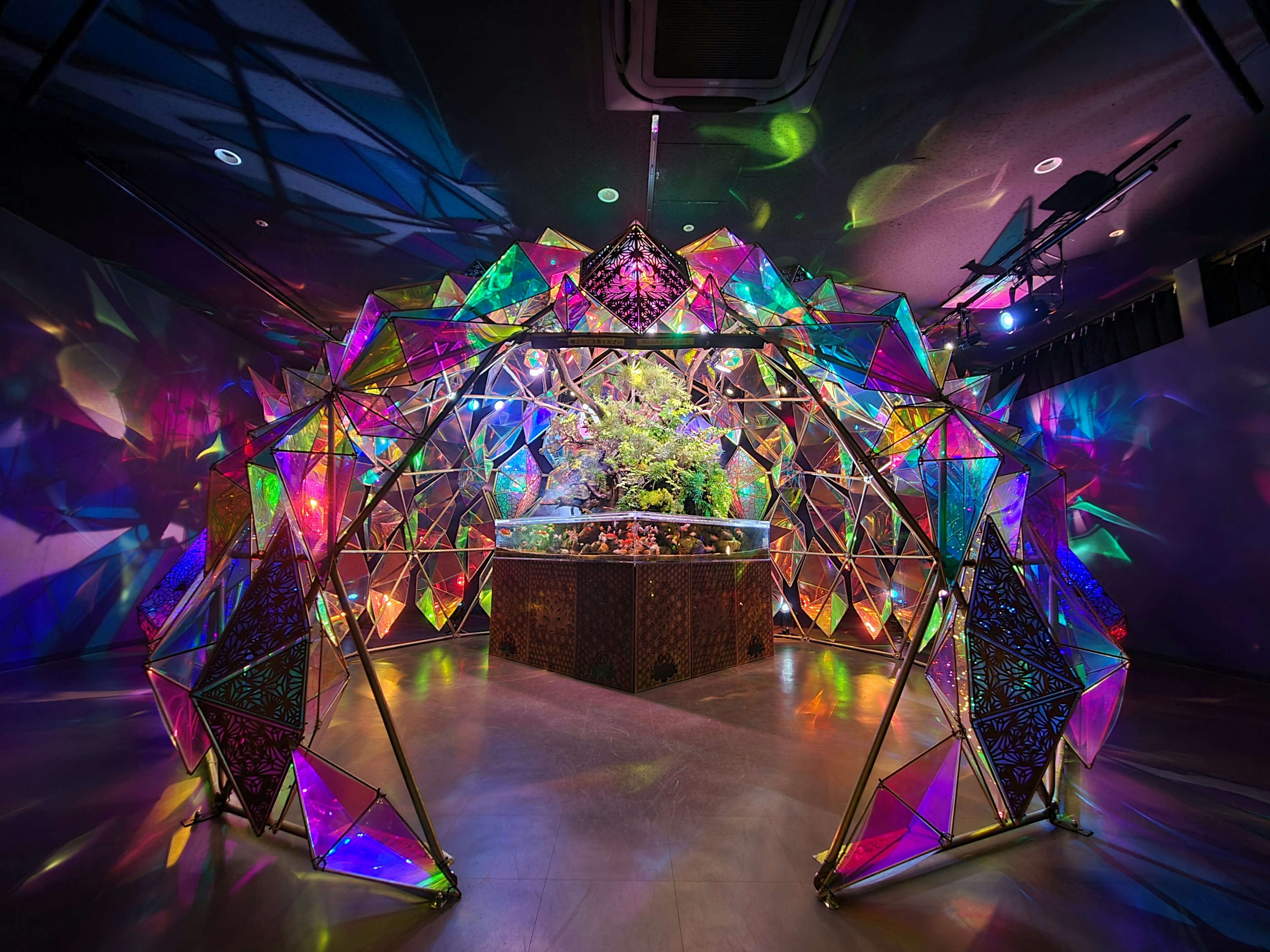 Colorful lighting and geometric design installation in an art space