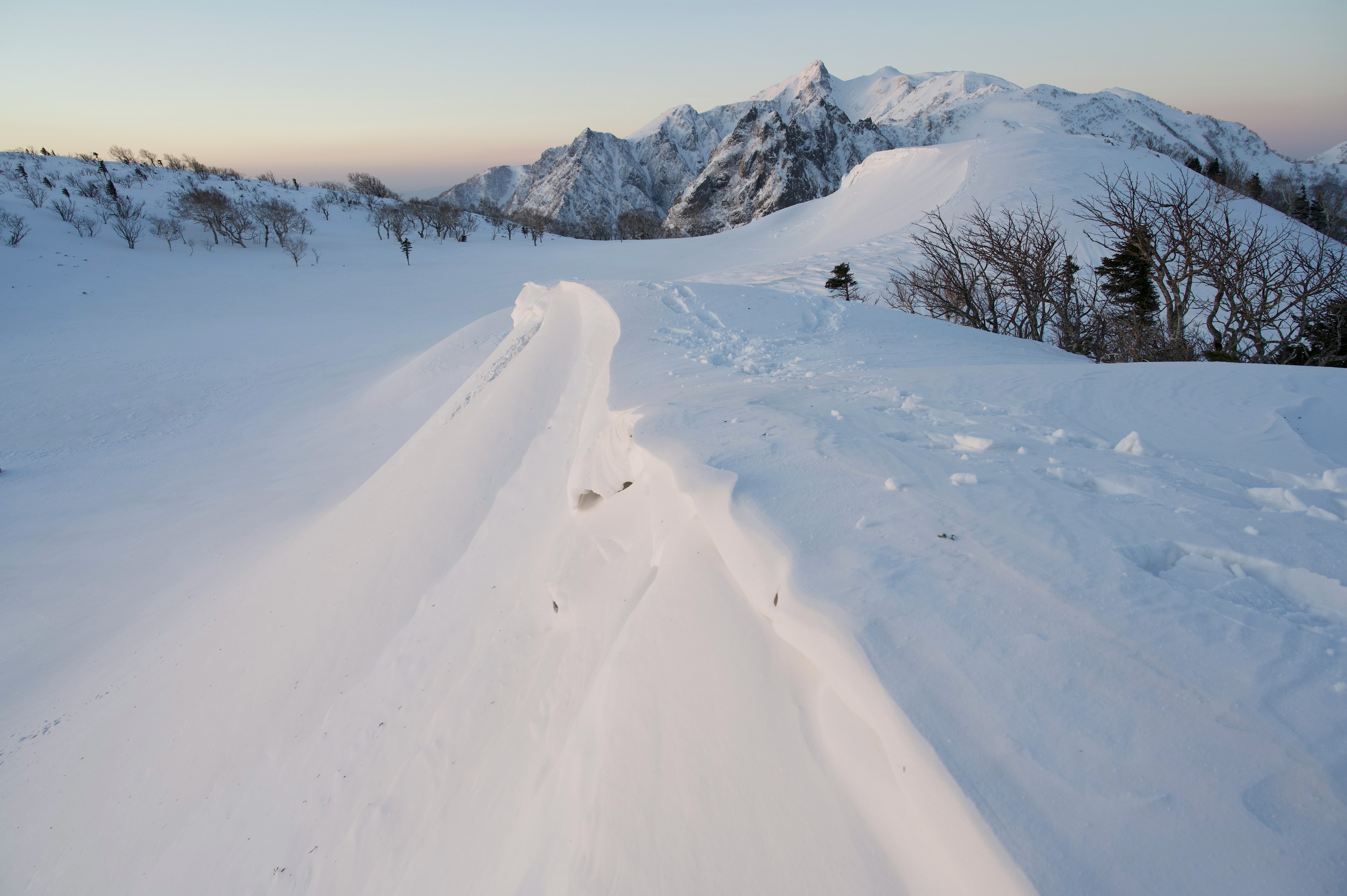 雪に覆われた山の風景で、トレイルが続いている