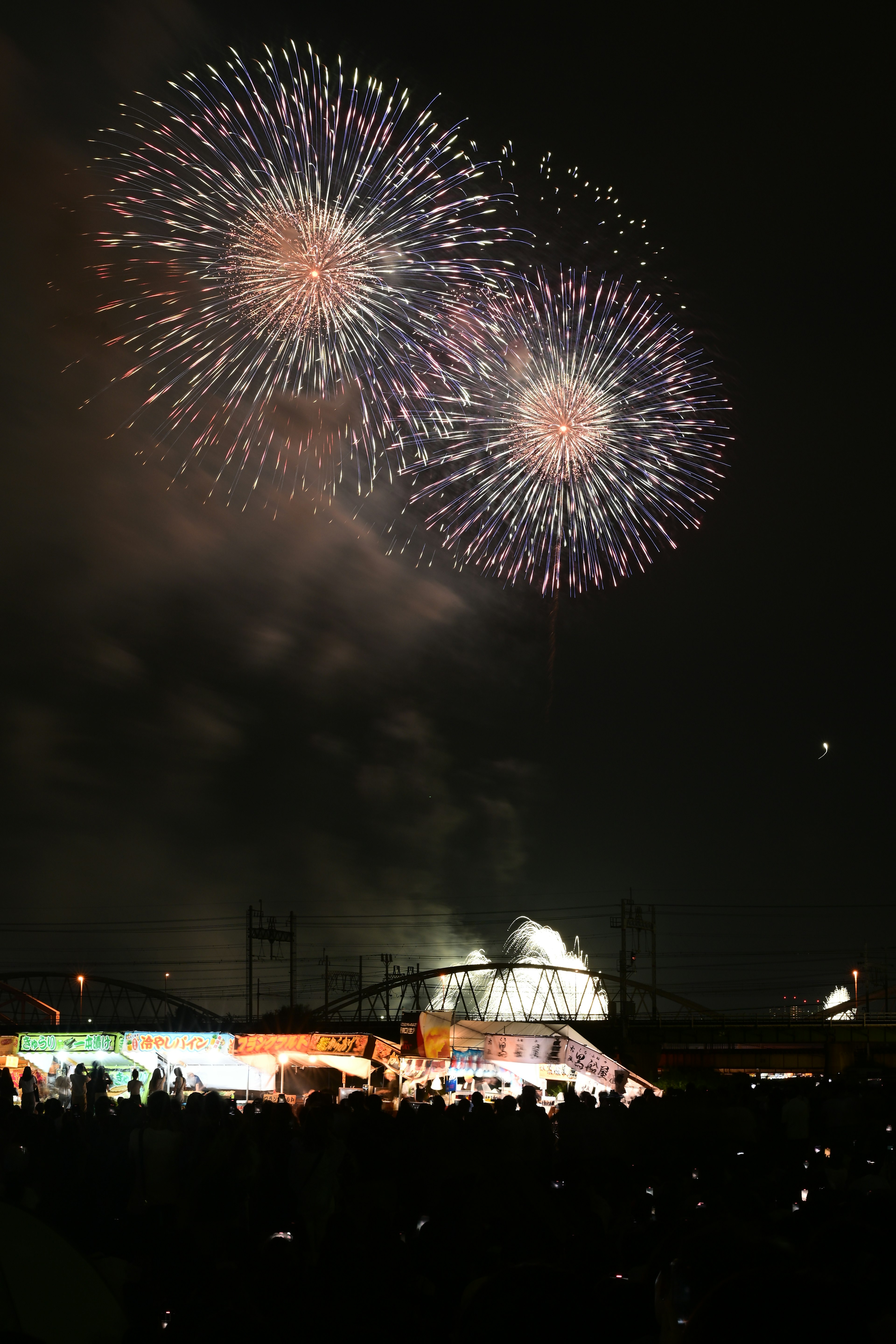 Des feux d'artifice brillants éclatent dans le ciel nocturne avec une foule en dessous