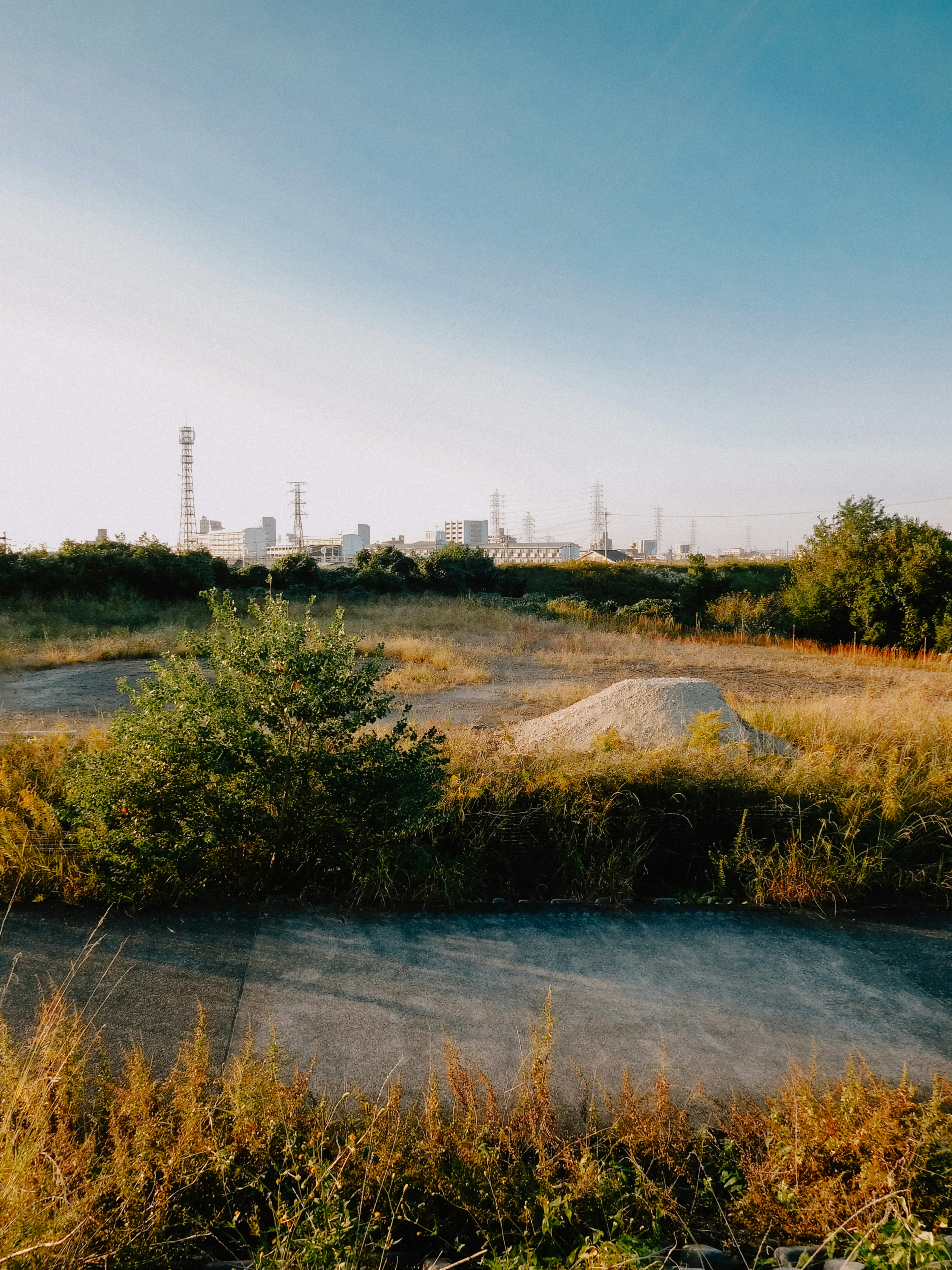 Landschaft mit Wiesengebiet und blauem Himmel sowie Industriegebäuden im Hintergrund