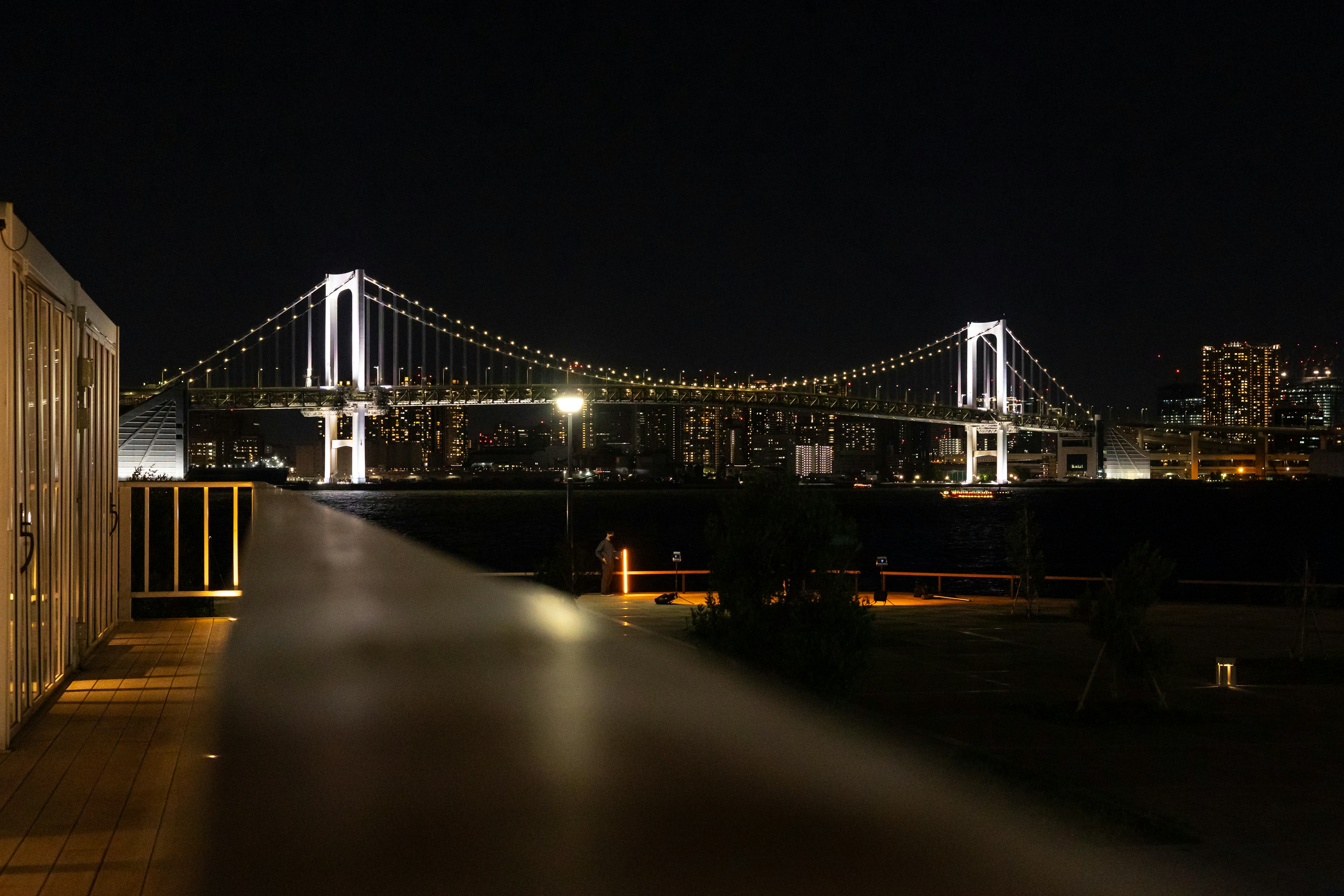 Rainbow Bridge illuminated at night with city skyline