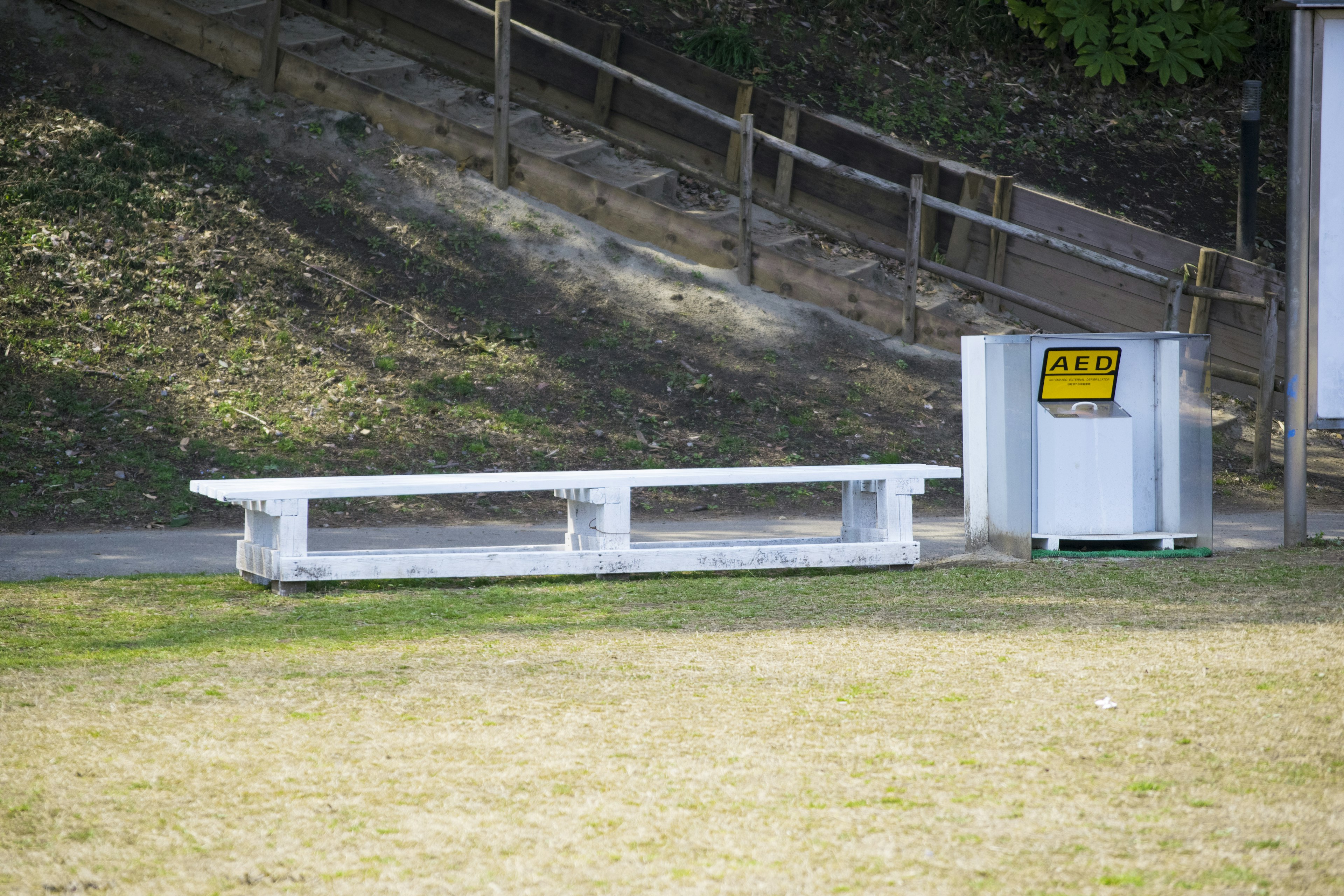 白いベンチとゴミ箱がある公園の風景