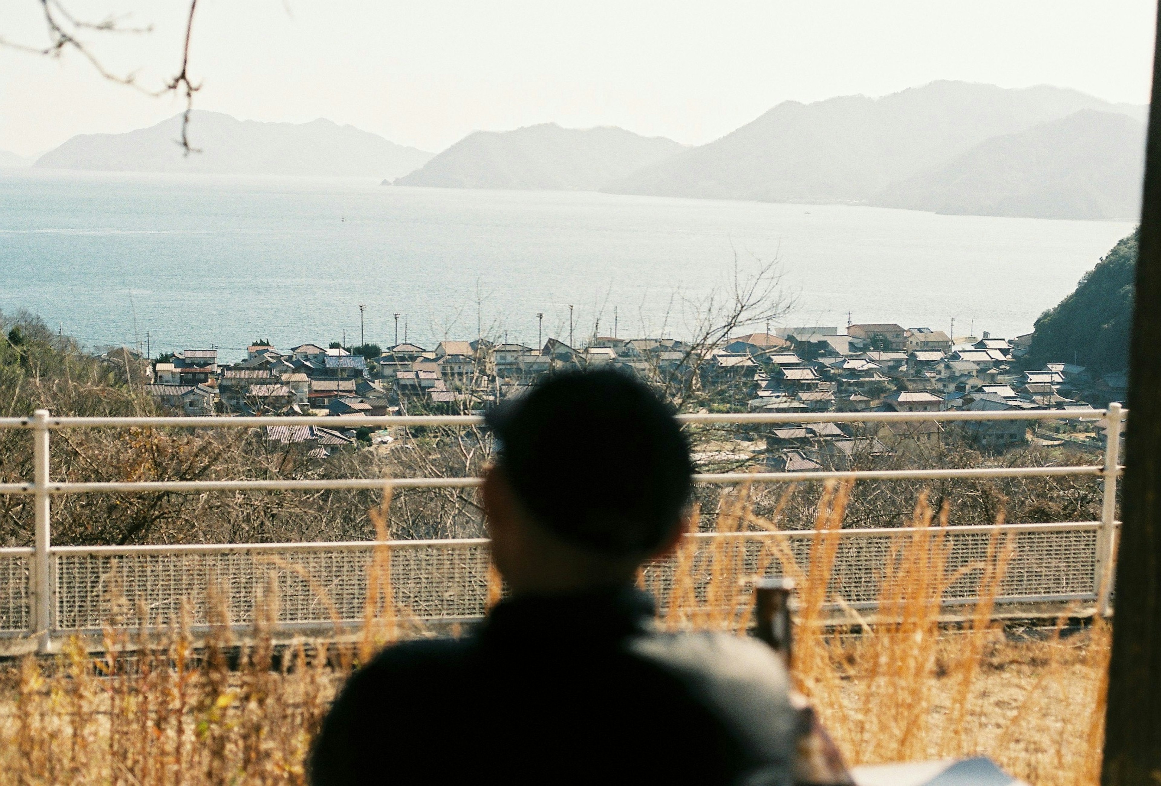 A man looking out at a scenic view of the sea with mountains and a town in the background