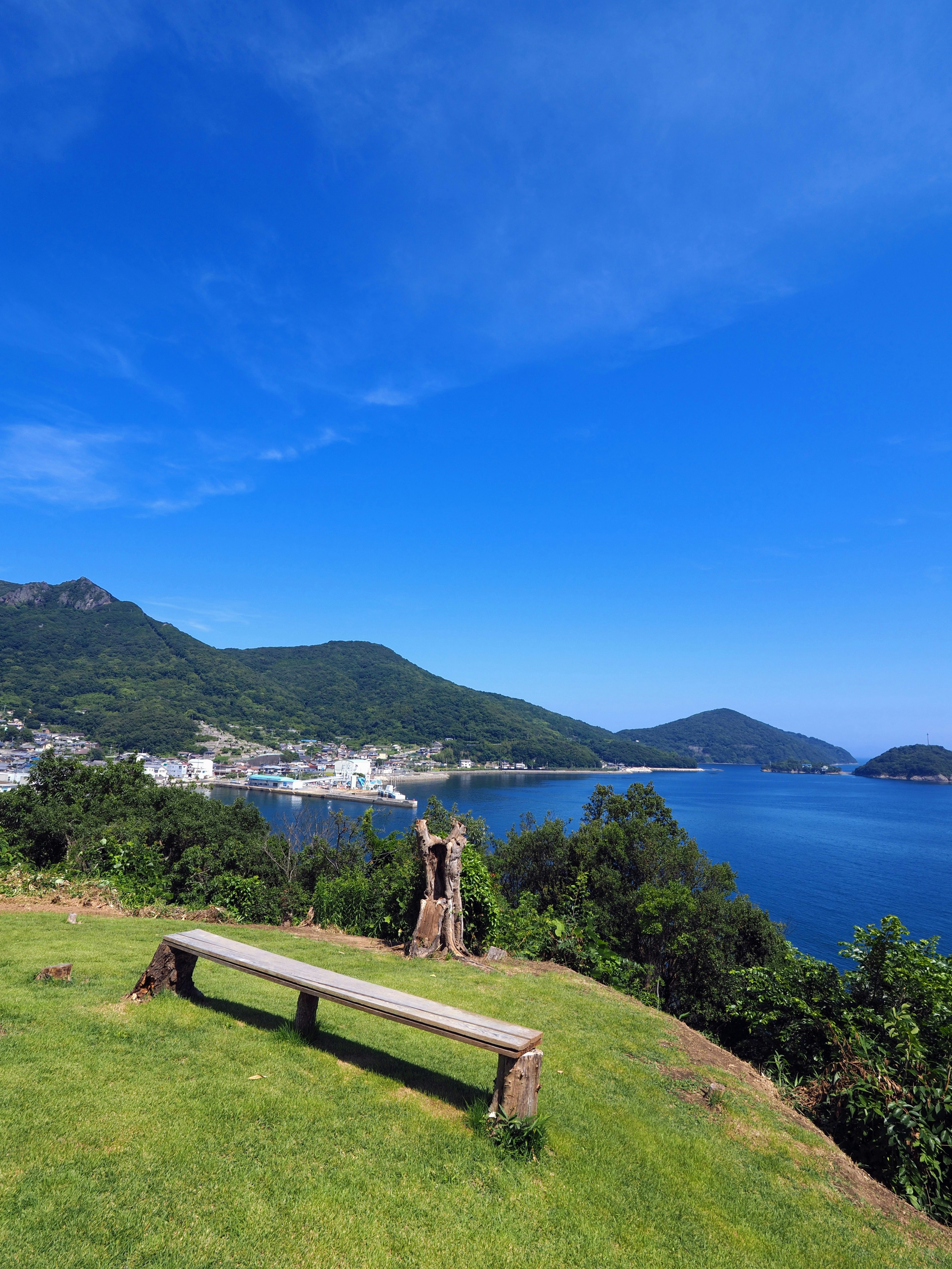 Sculpture overlooking the sea with a bench on a green hill