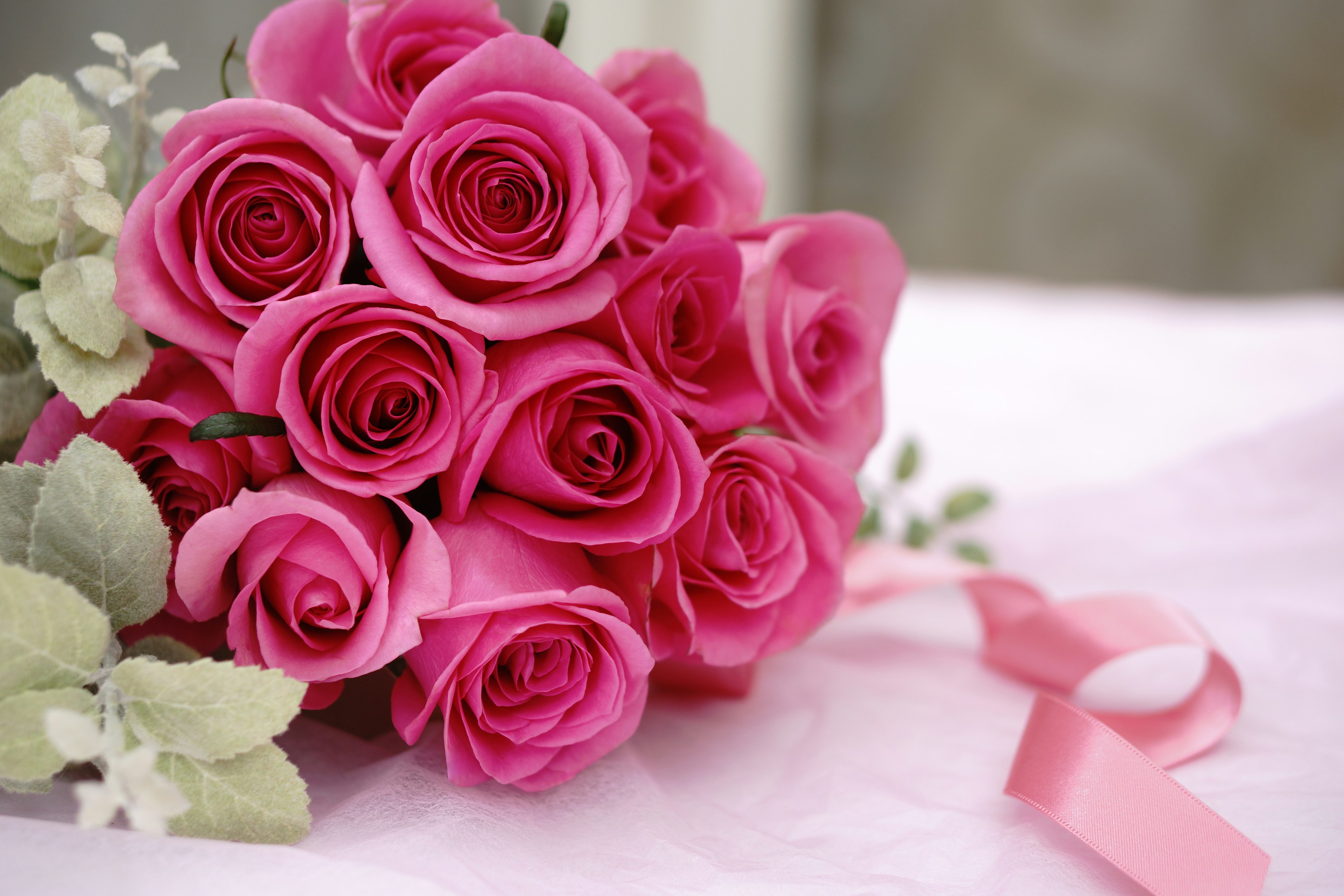 Bellissimo bouquet di rose rosa con nastro