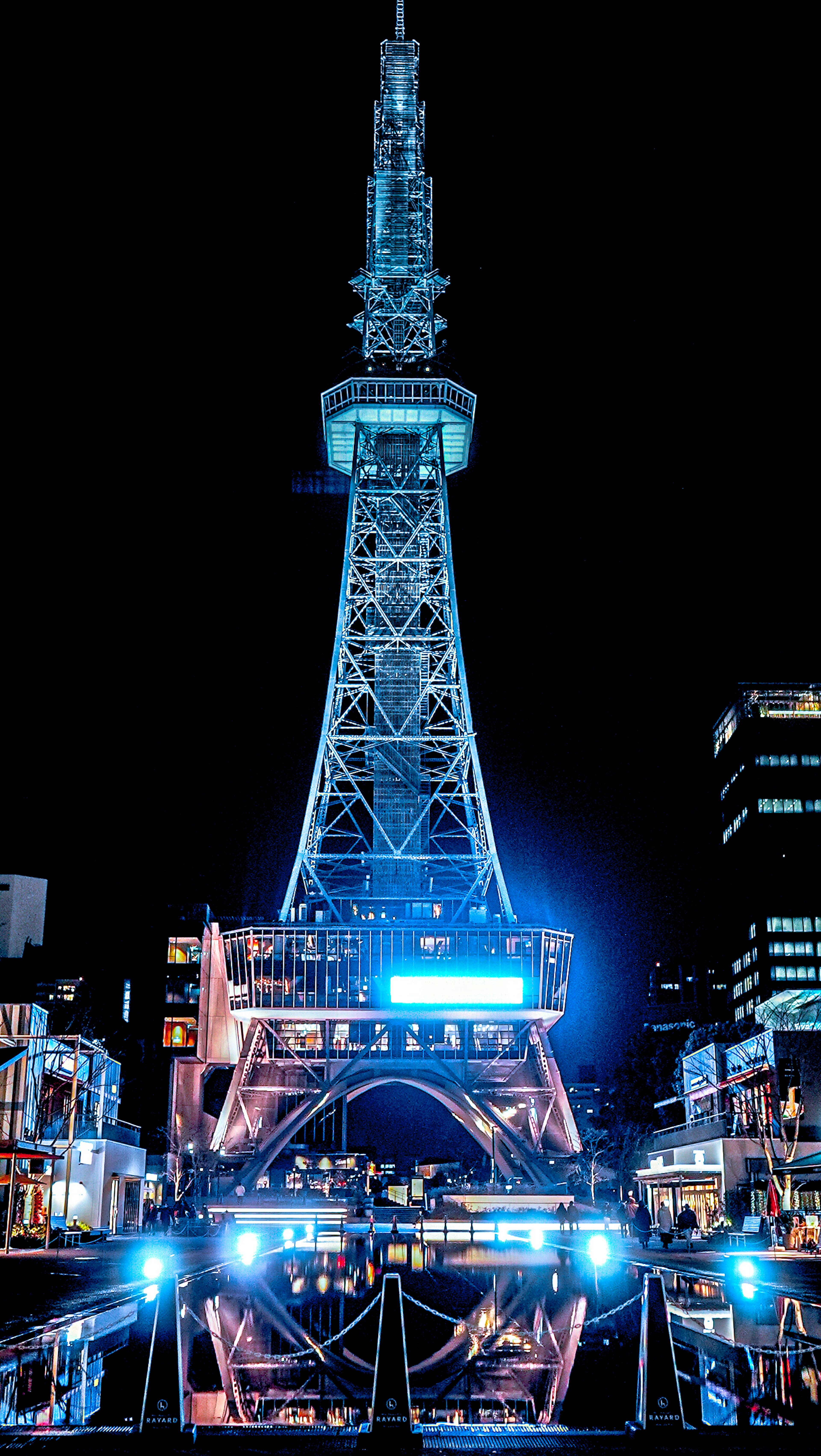 Nagoya TV Tower illuminated in blue at night