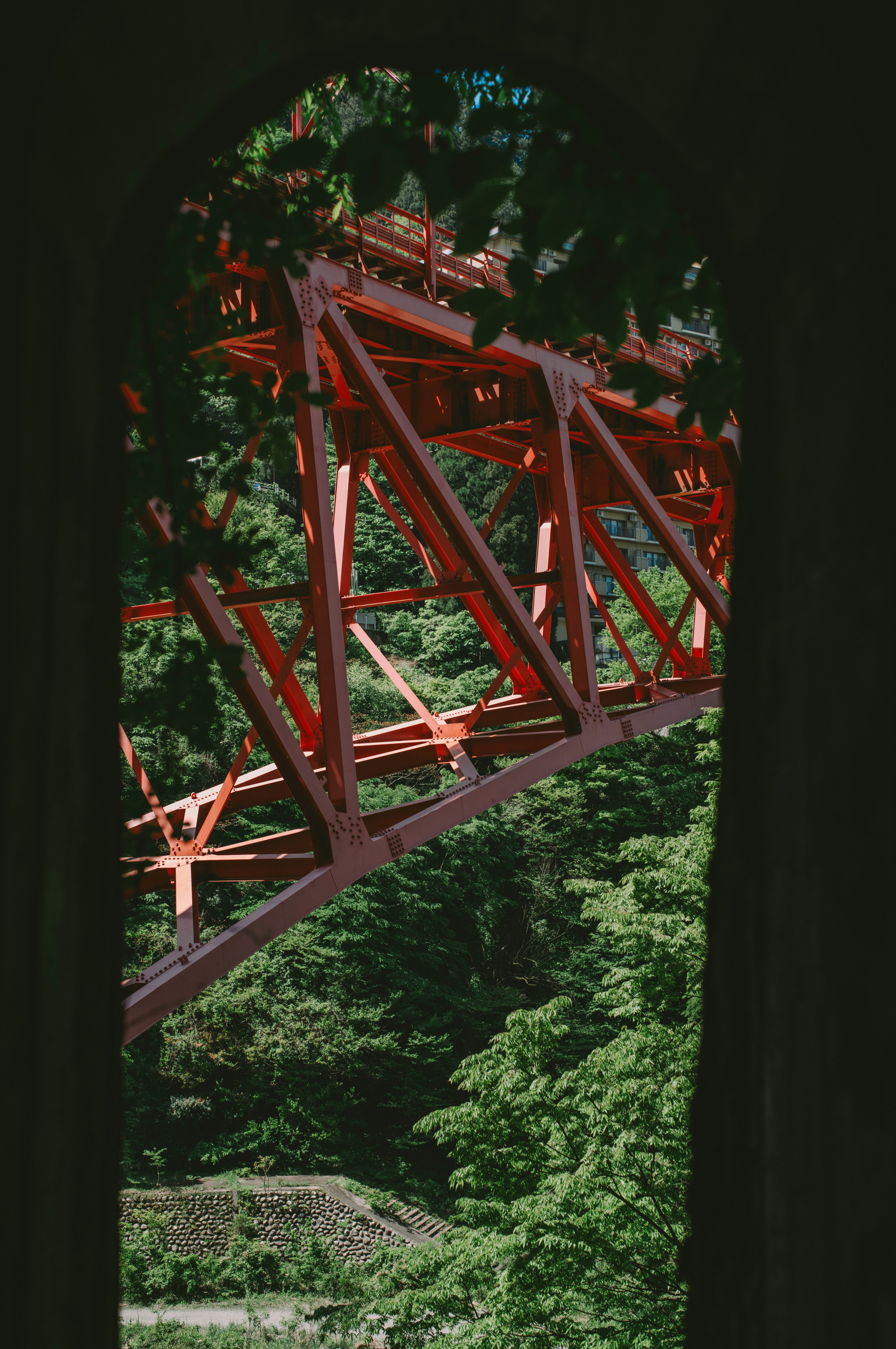 View of a red bridge structure framed by green trees