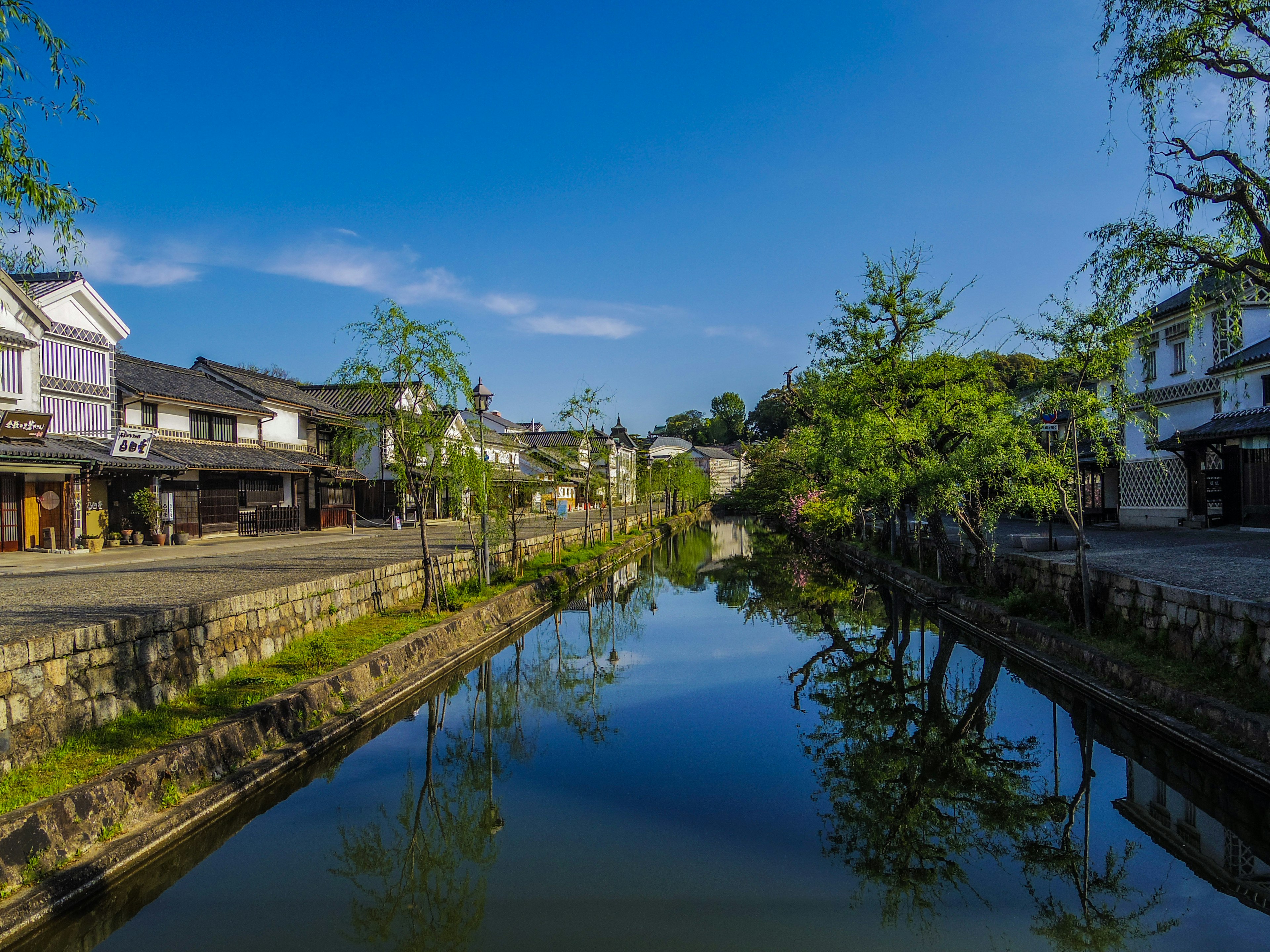 Ruhiger Kanal, der grüne Bäume in einer japanischen Landschaft spiegelt