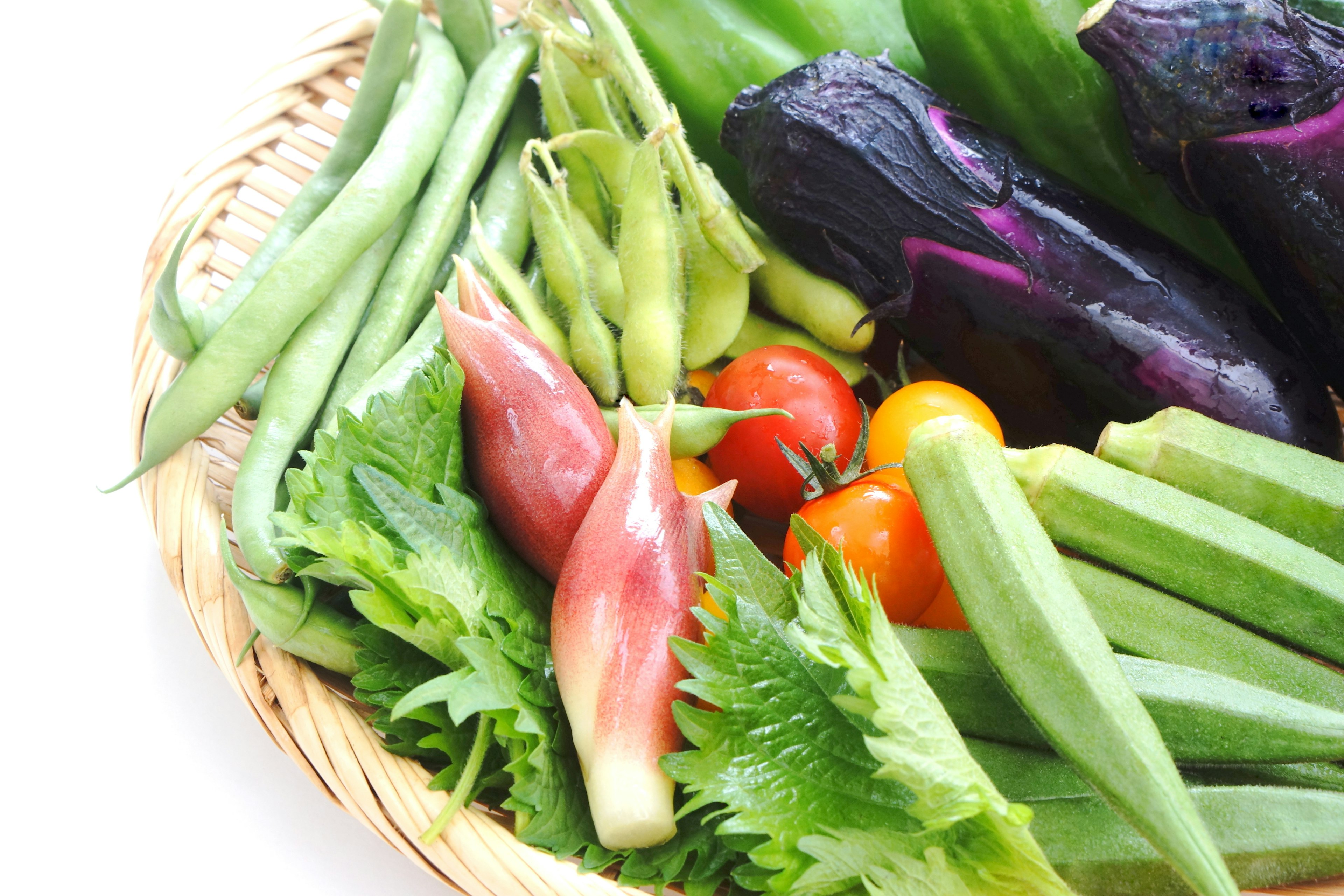 Basket filled with fresh vegetables showcasing a variety of colors and shapes