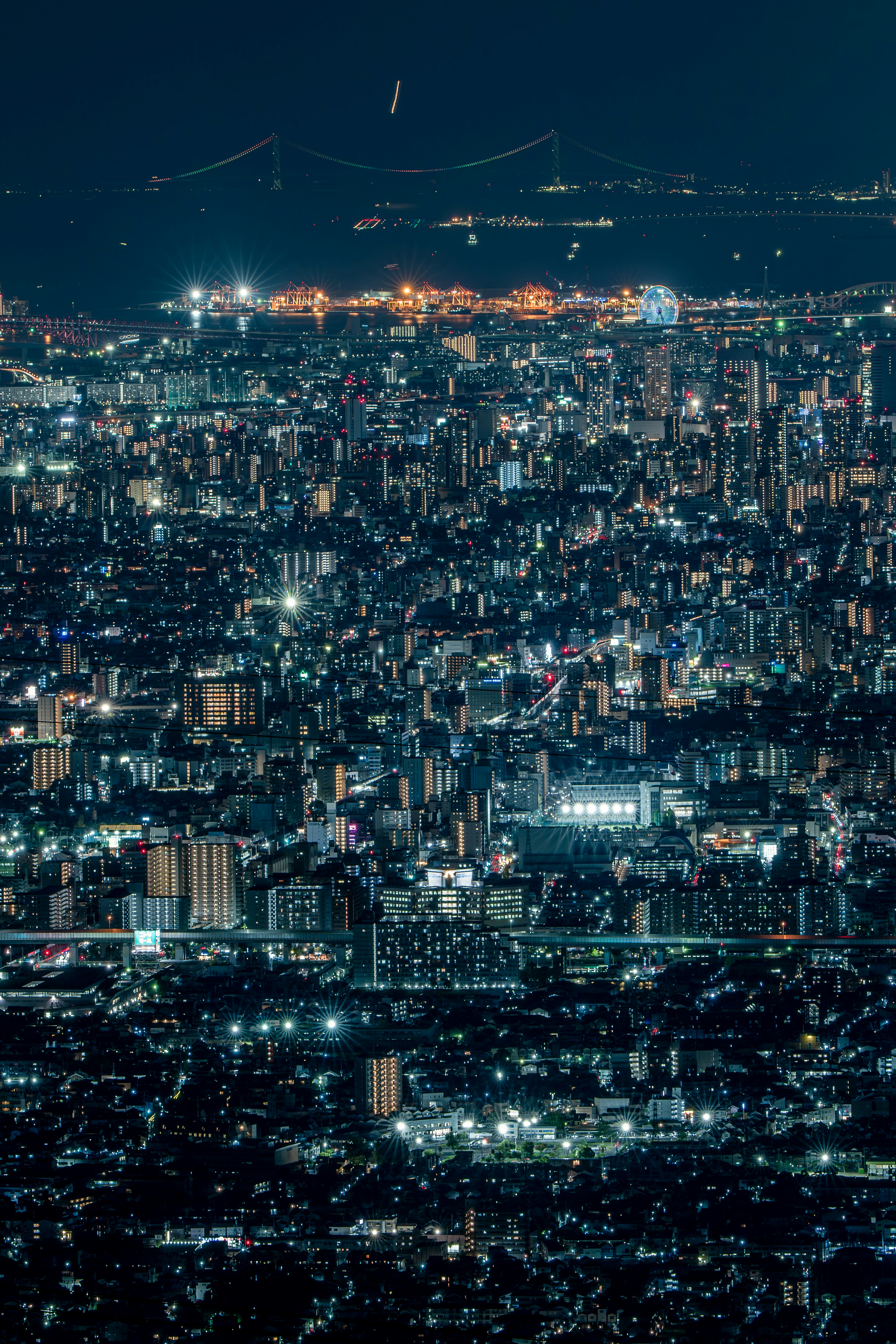 夜の都市のパノラマ景色 輝く建物と街の明かり 橋と海が背景に見える