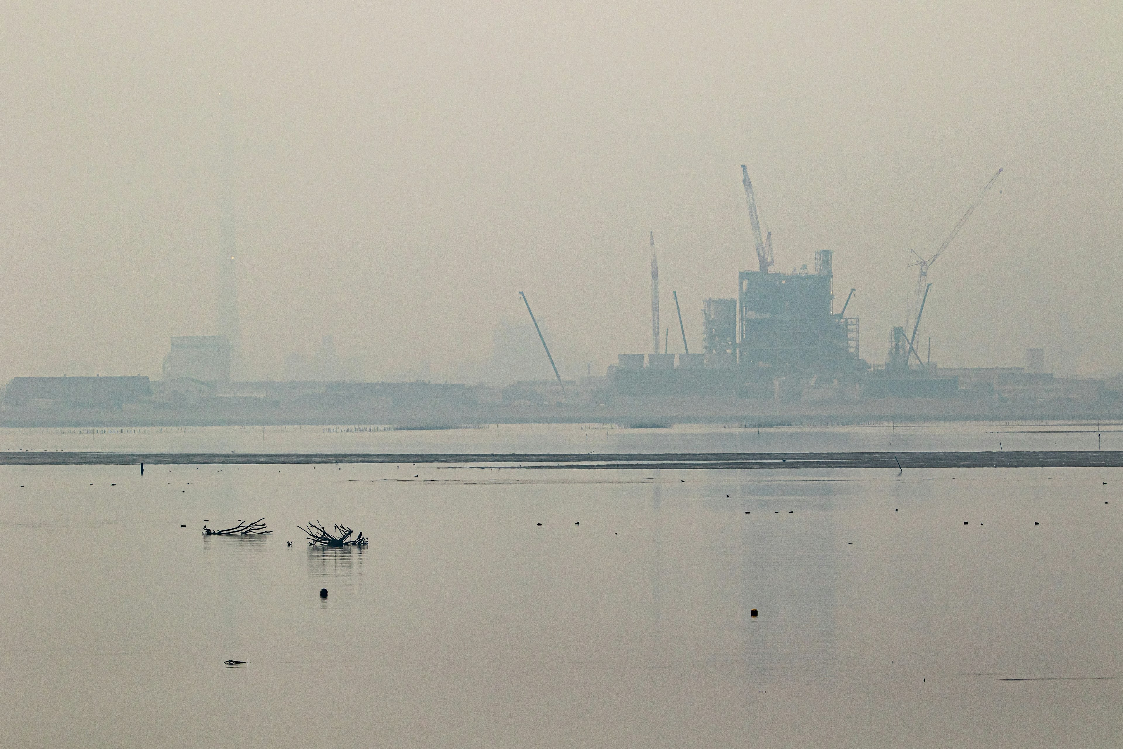 Instalación industrial envuelta en niebla con reflejos en el agua