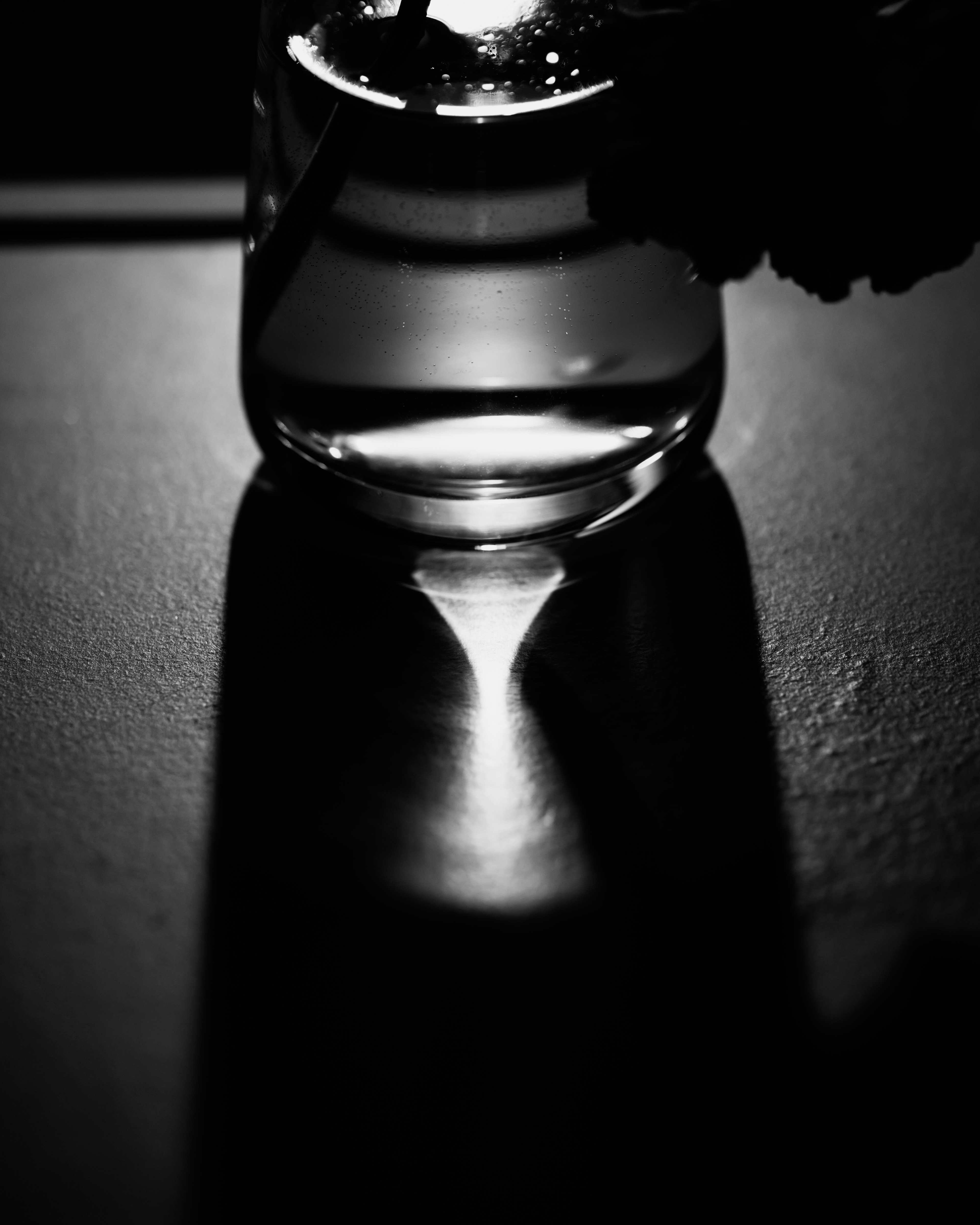 Black and white contrast of a glass vase with water and its shadow