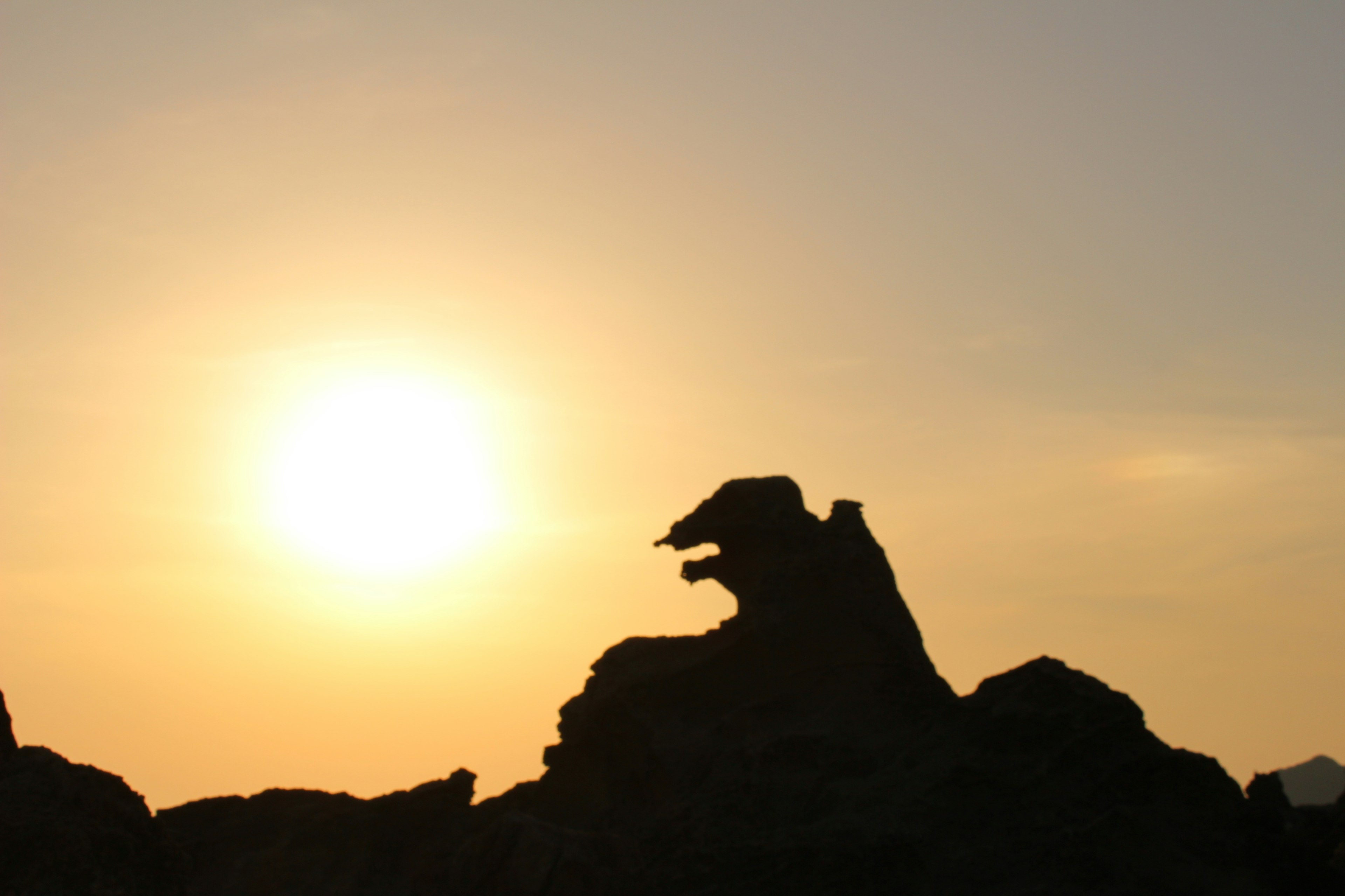 Silhouette di una roccia che somiglia a un animale contro il tramonto