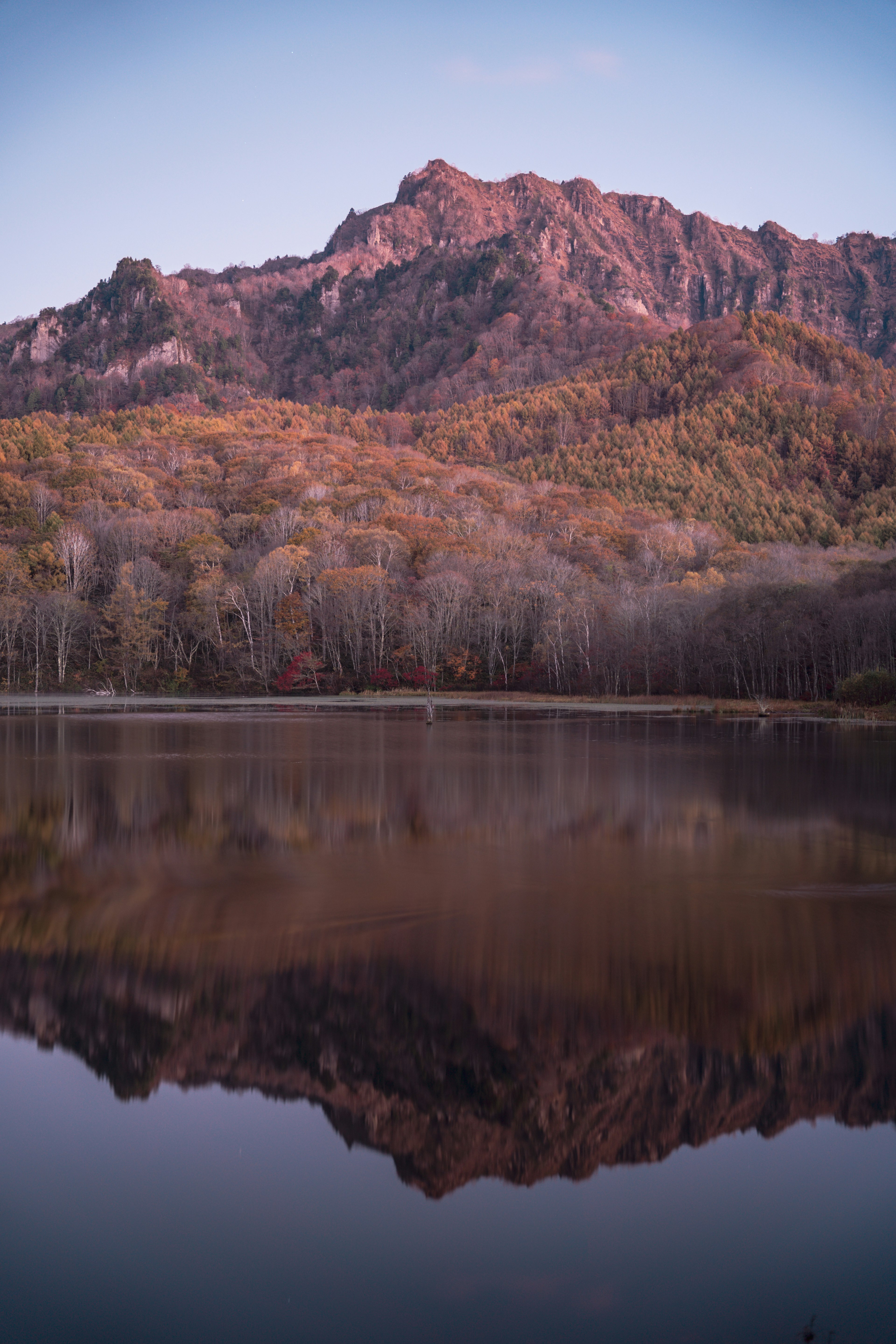 秋の色づいた山と湖の反射が映る風景