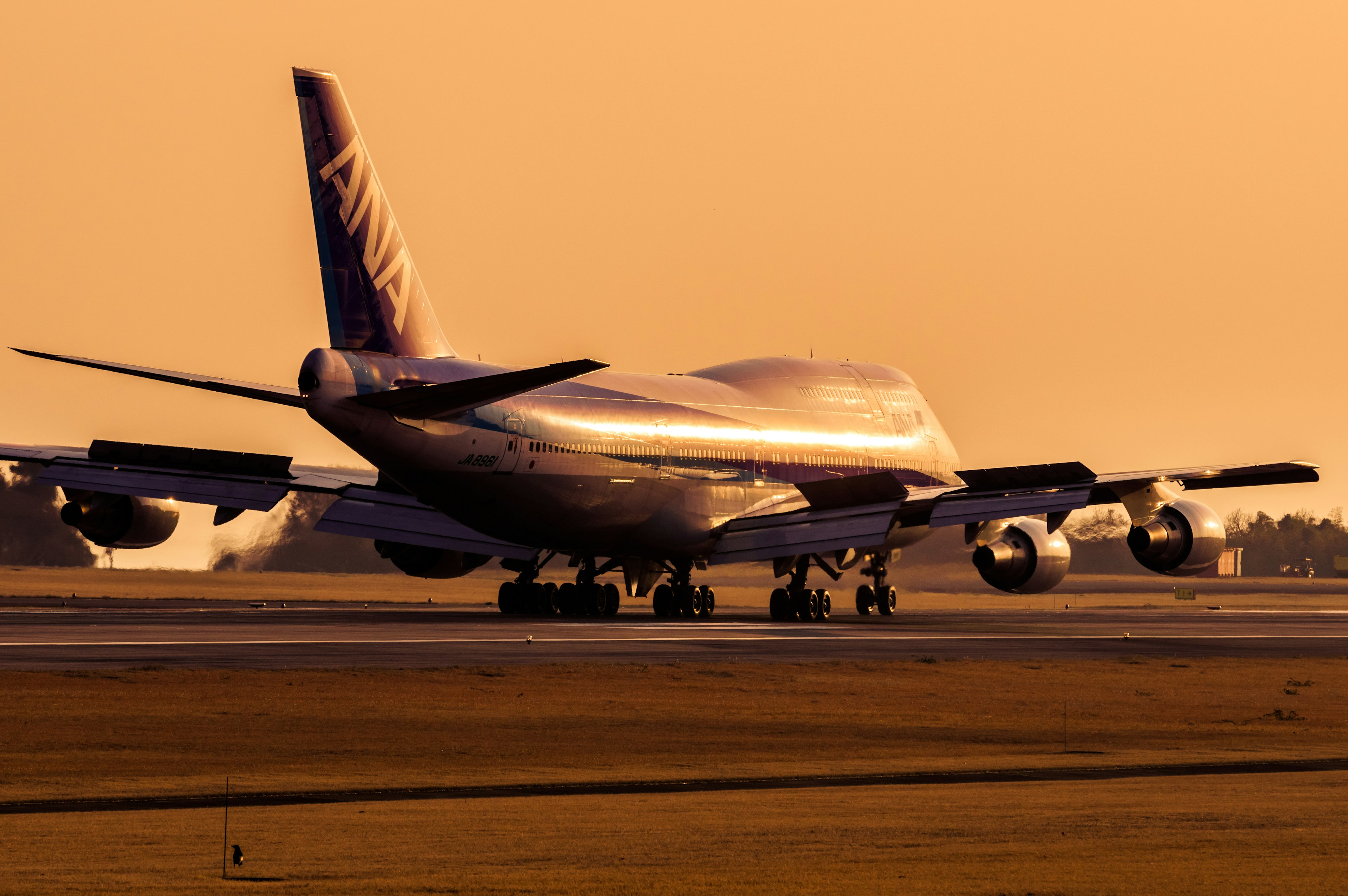 Avion de passagers sur la piste au coucher du soleil