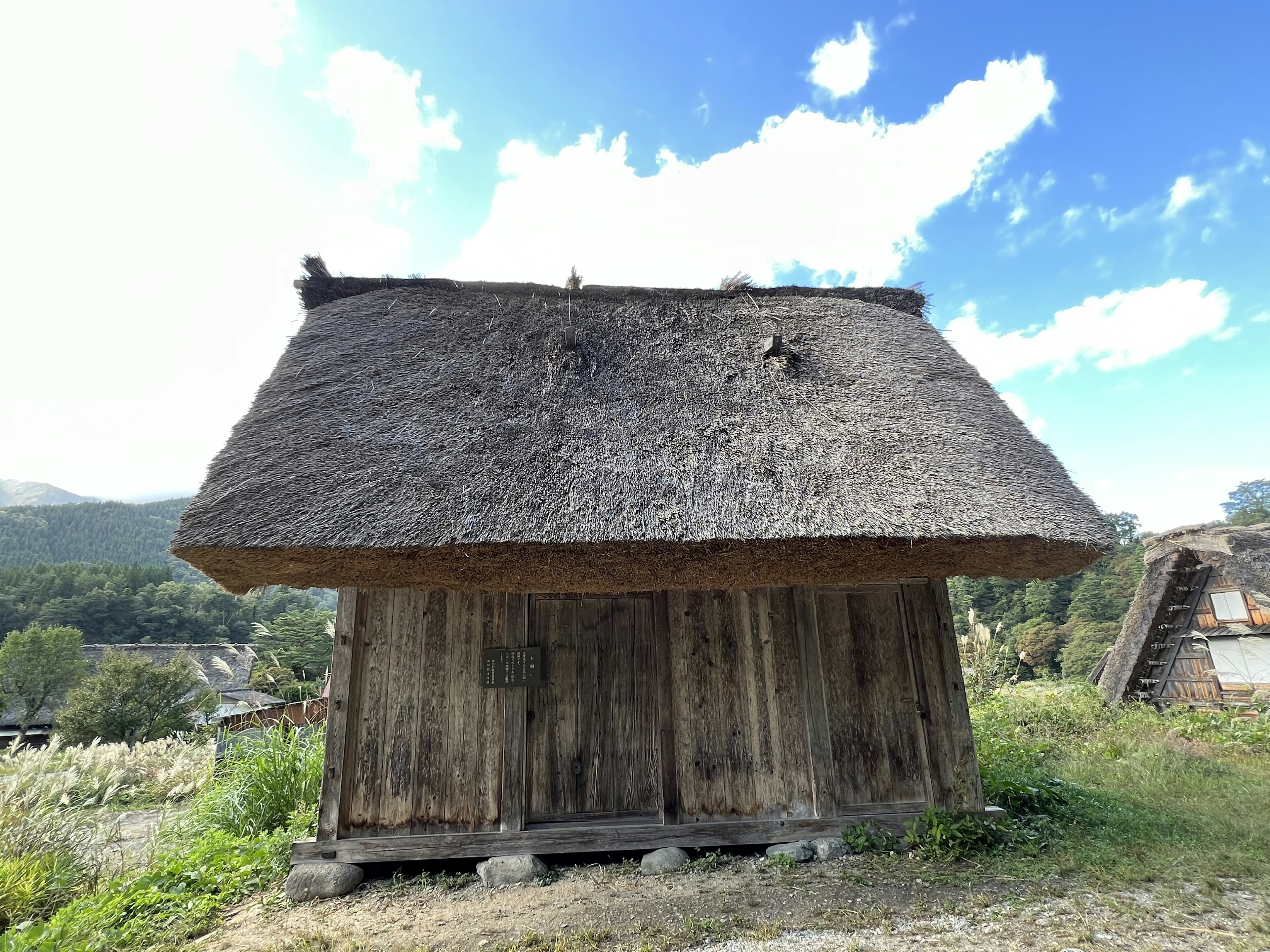 Thatched-roof wooden hut standing under a blue sky