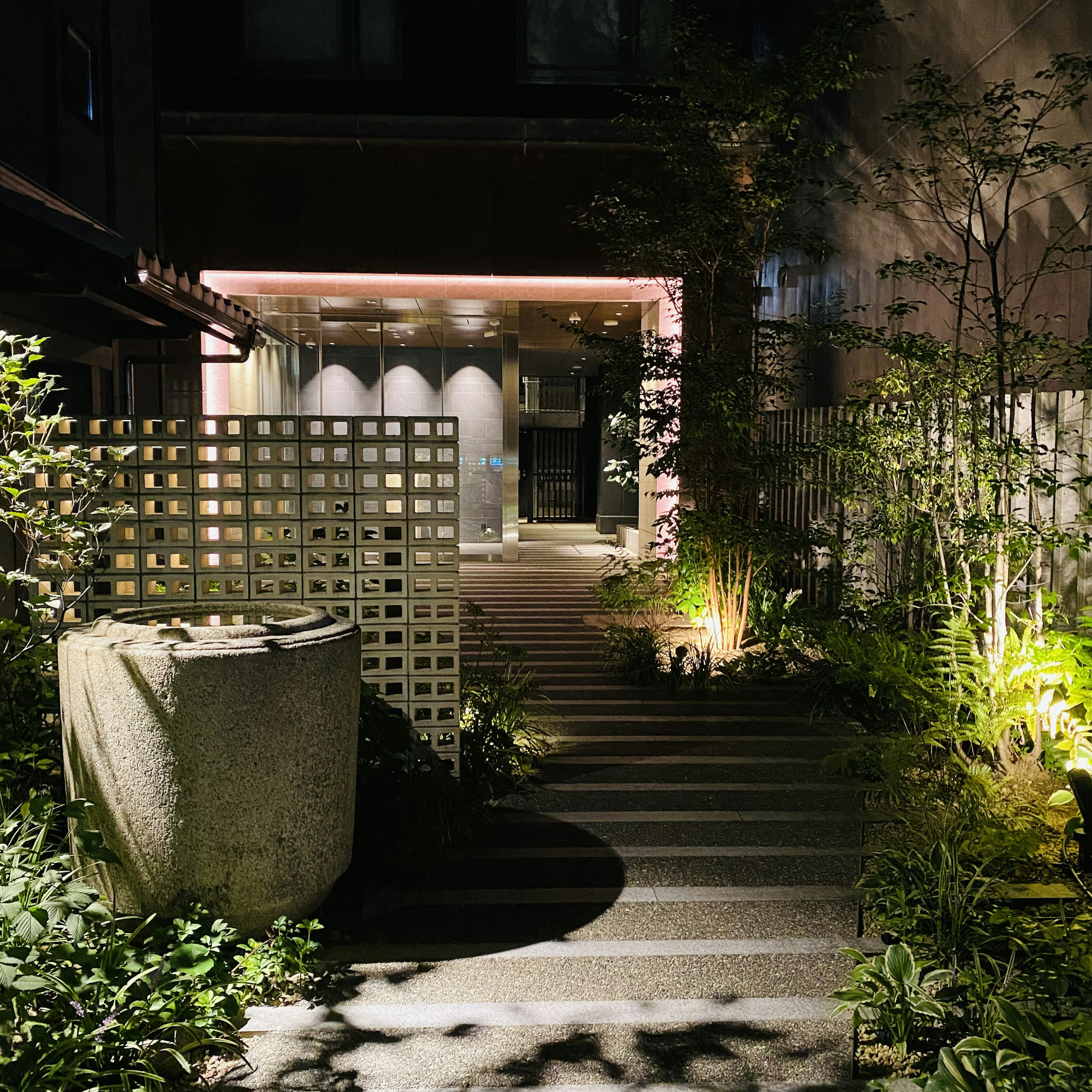 Entrance with stone steps leading through a garden at night