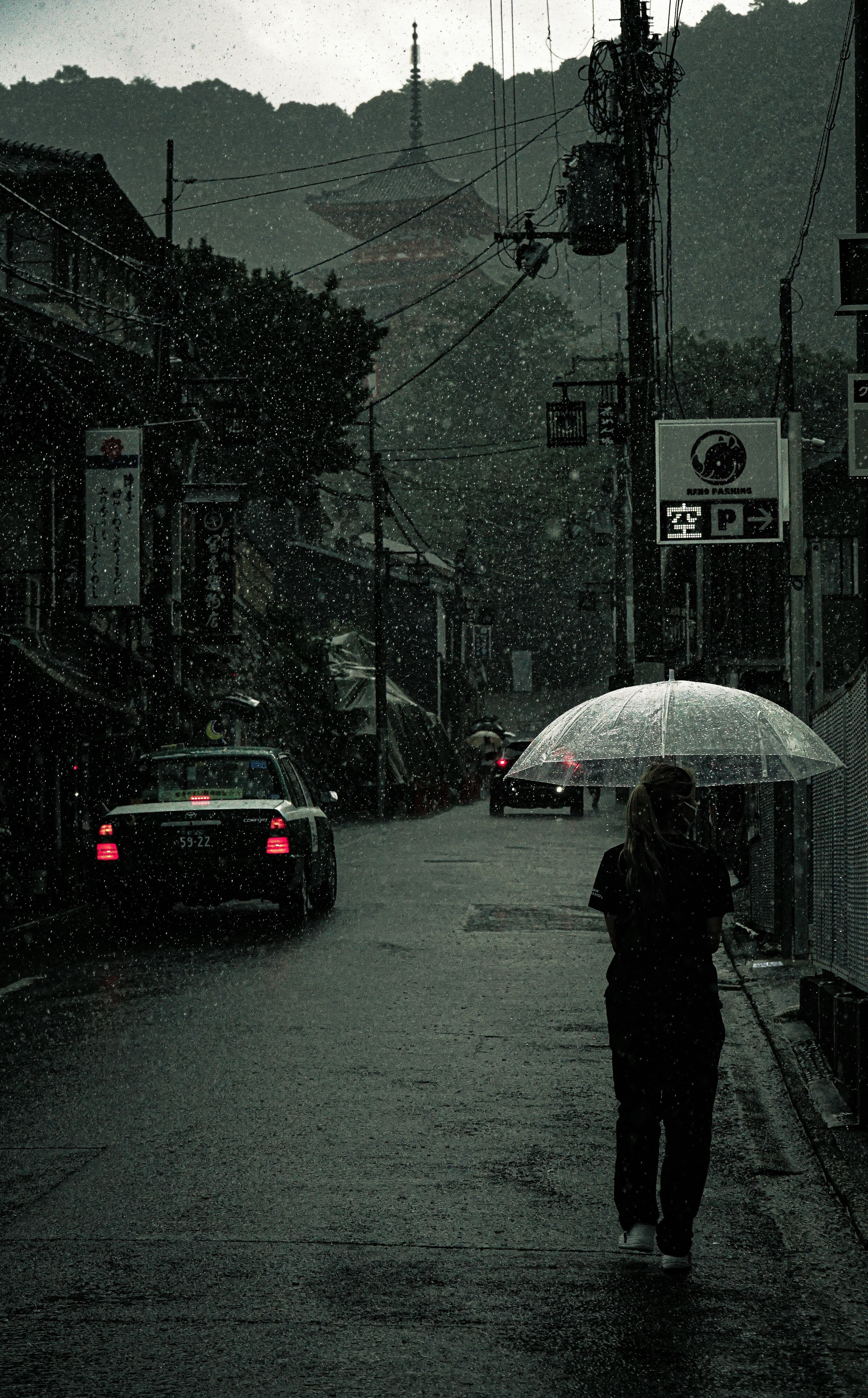 Persona caminando con un paraguas bajo la lluvia con montañas al fondo